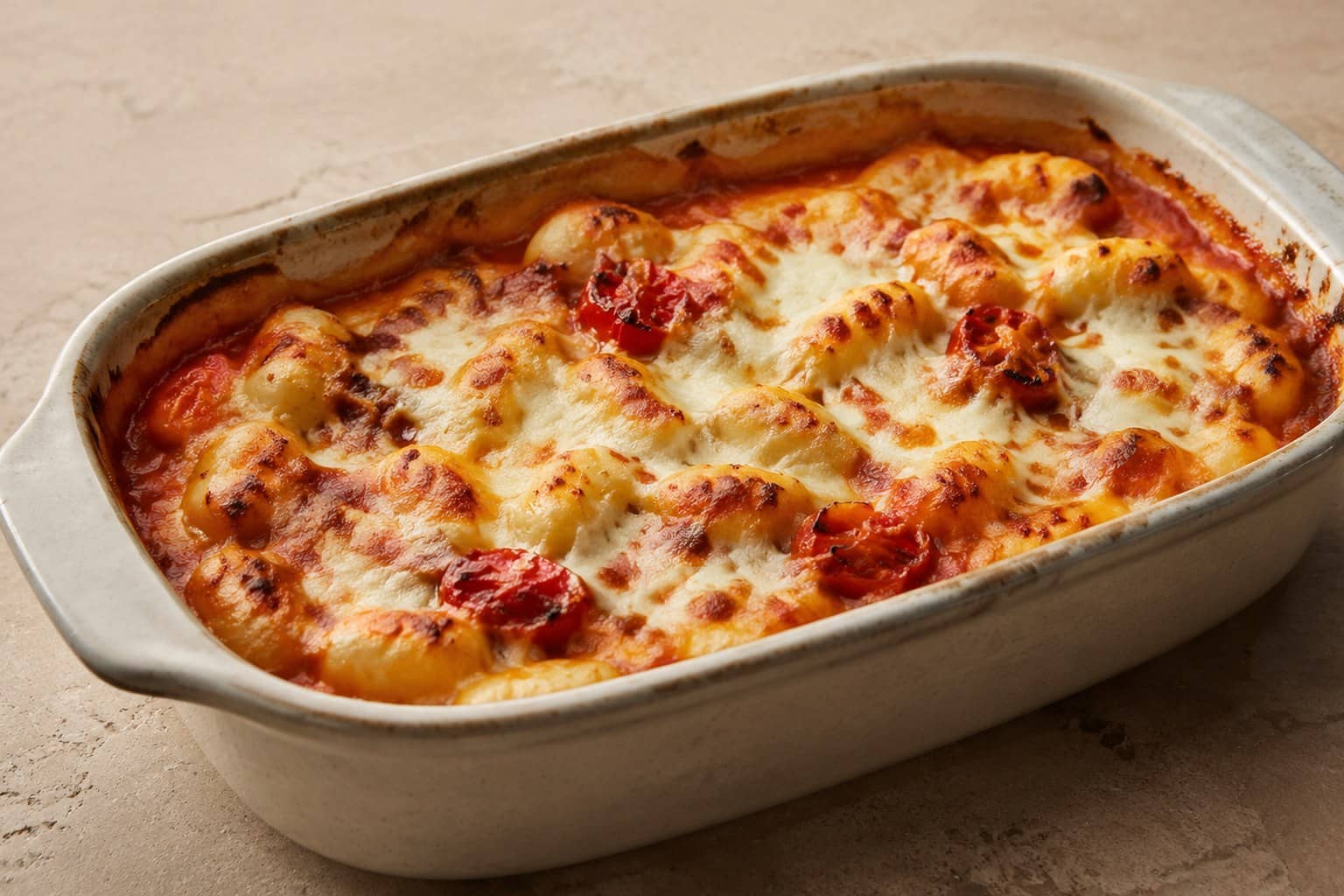 Ovnfad med gyldne gnocchi, bagte cherrytomater og smeltet, boblende mozzarella toppet med frisk basilikum