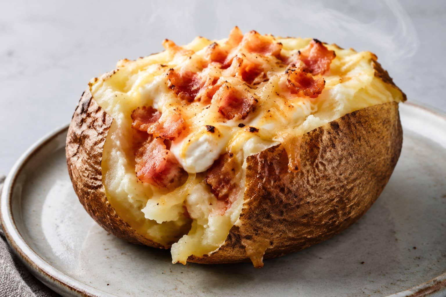 Bagt kartoffel fyldt med bacon, creme fraiche og purløg