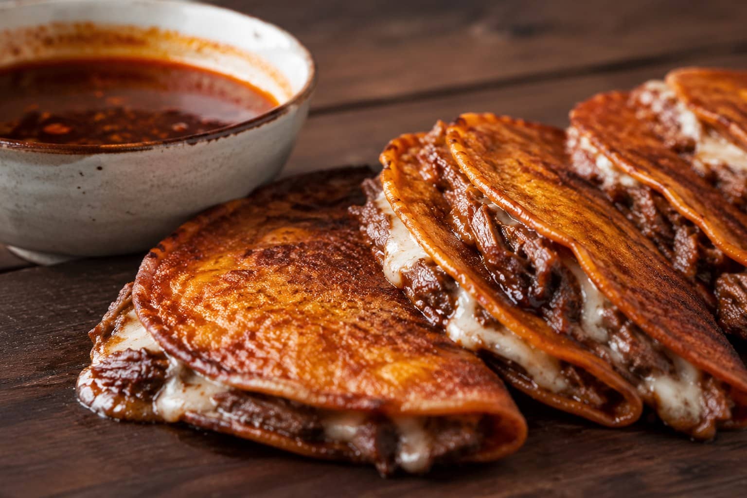Birria tacos med sprøde tortillas og rød consommé til dyp med lime og koriander