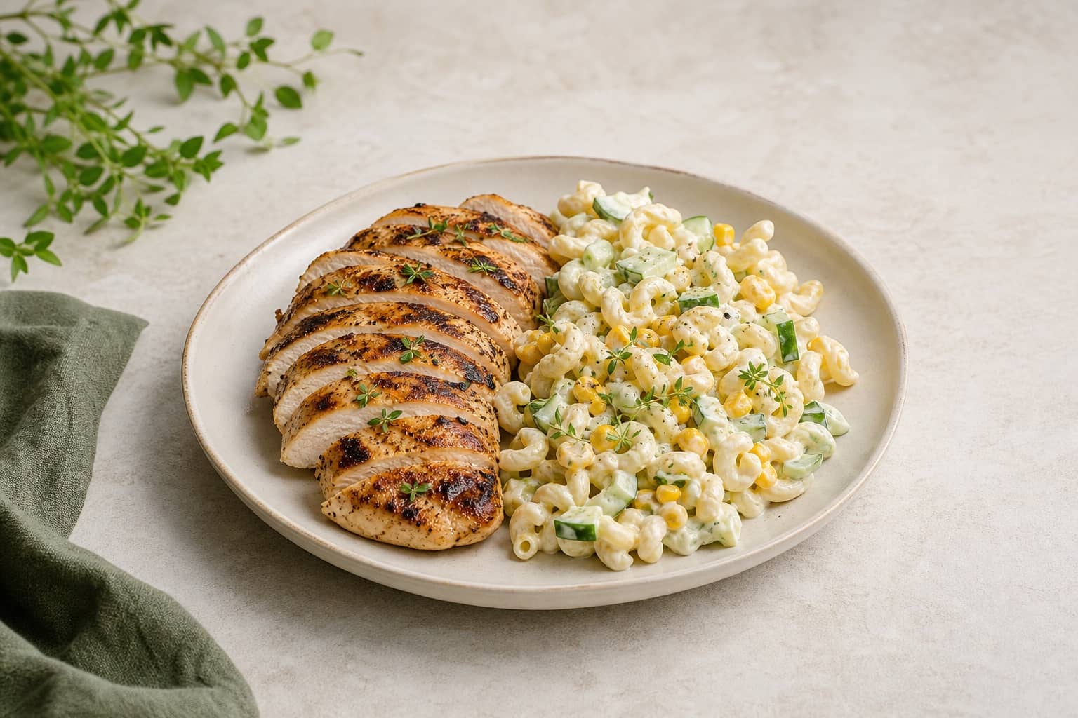 Grillet kyllingebryst med cremet pastasalat, majs og agurk