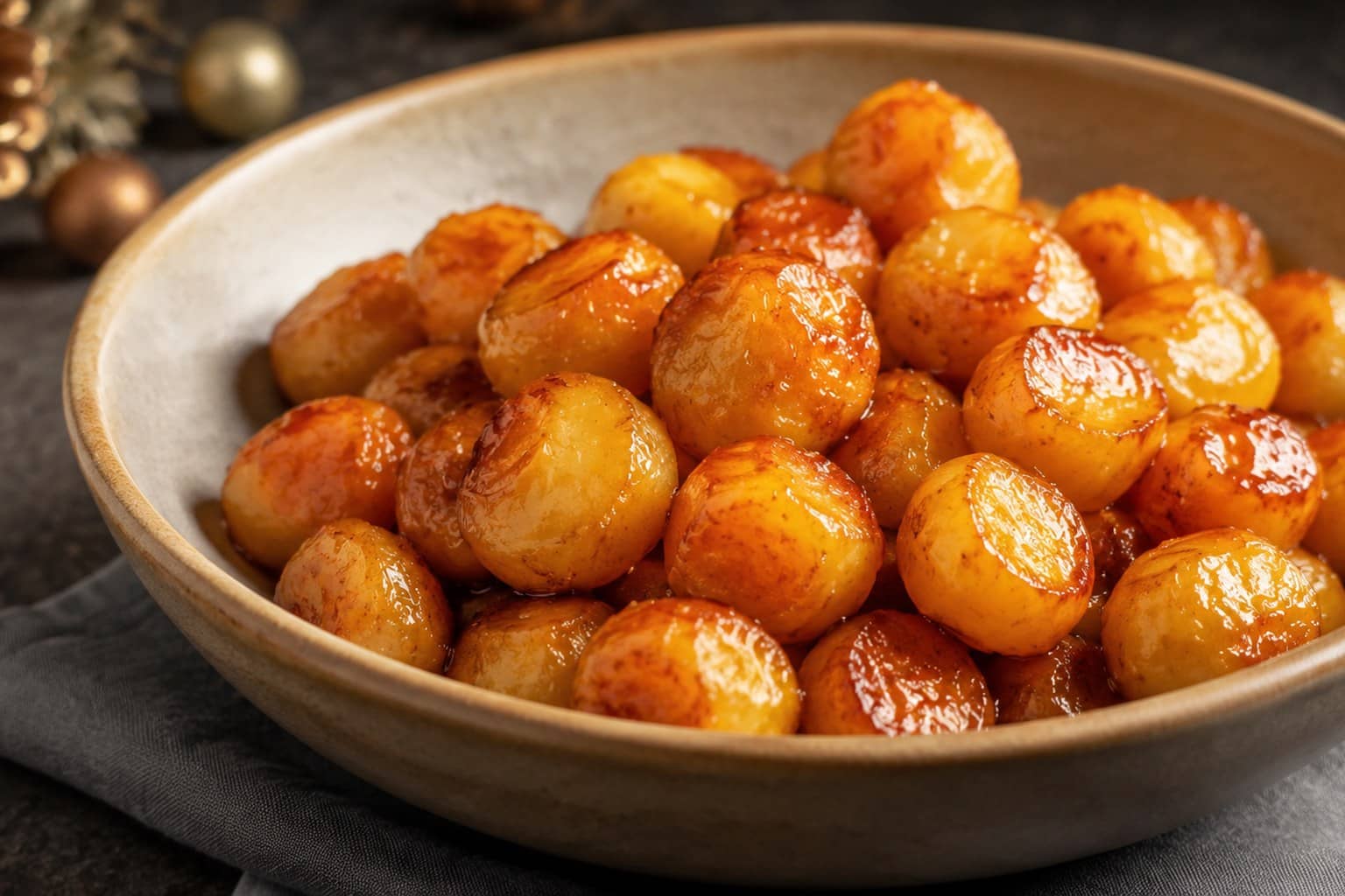 Skål med blanke, brunede kartofler