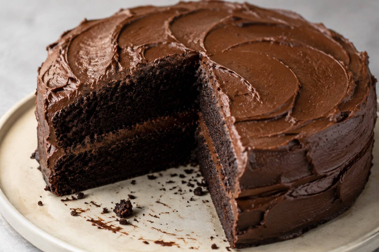 Mørk chokoladekage med hvid cream cheese frosting og chokoladepynt til fødselsdagen