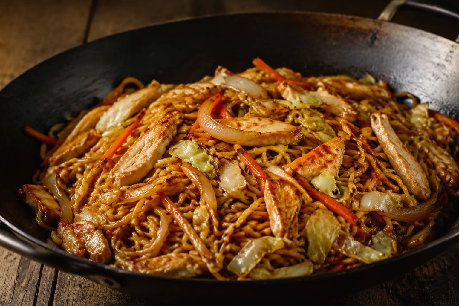 Wok med chow mein: æggenudler, strimlet kylling, gulerod og spidskål vendt i blank mørk sojasauce, toppet med forårsløg