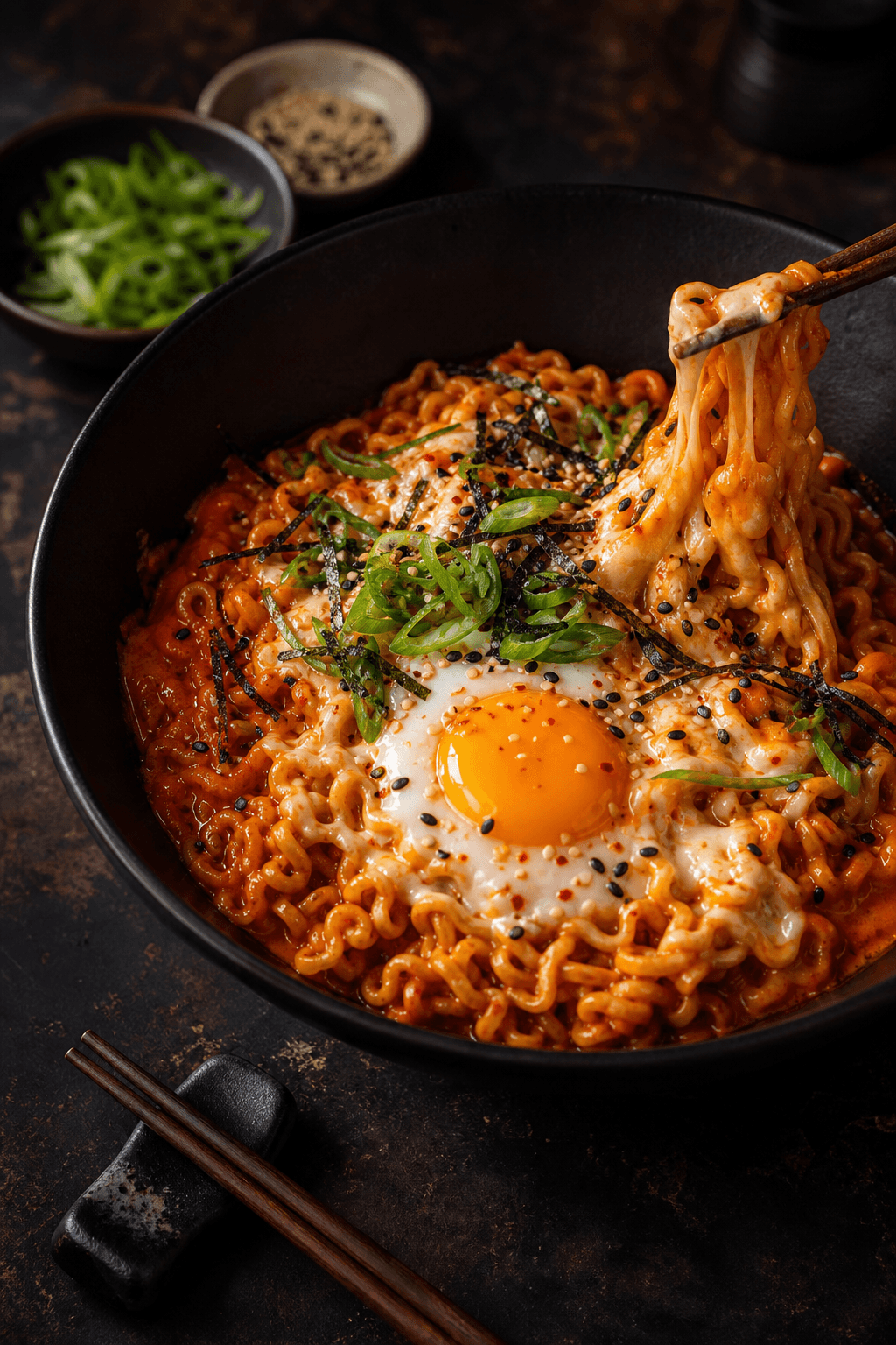 Cremet stærk Buldak-inspireret ramen med ost og æg