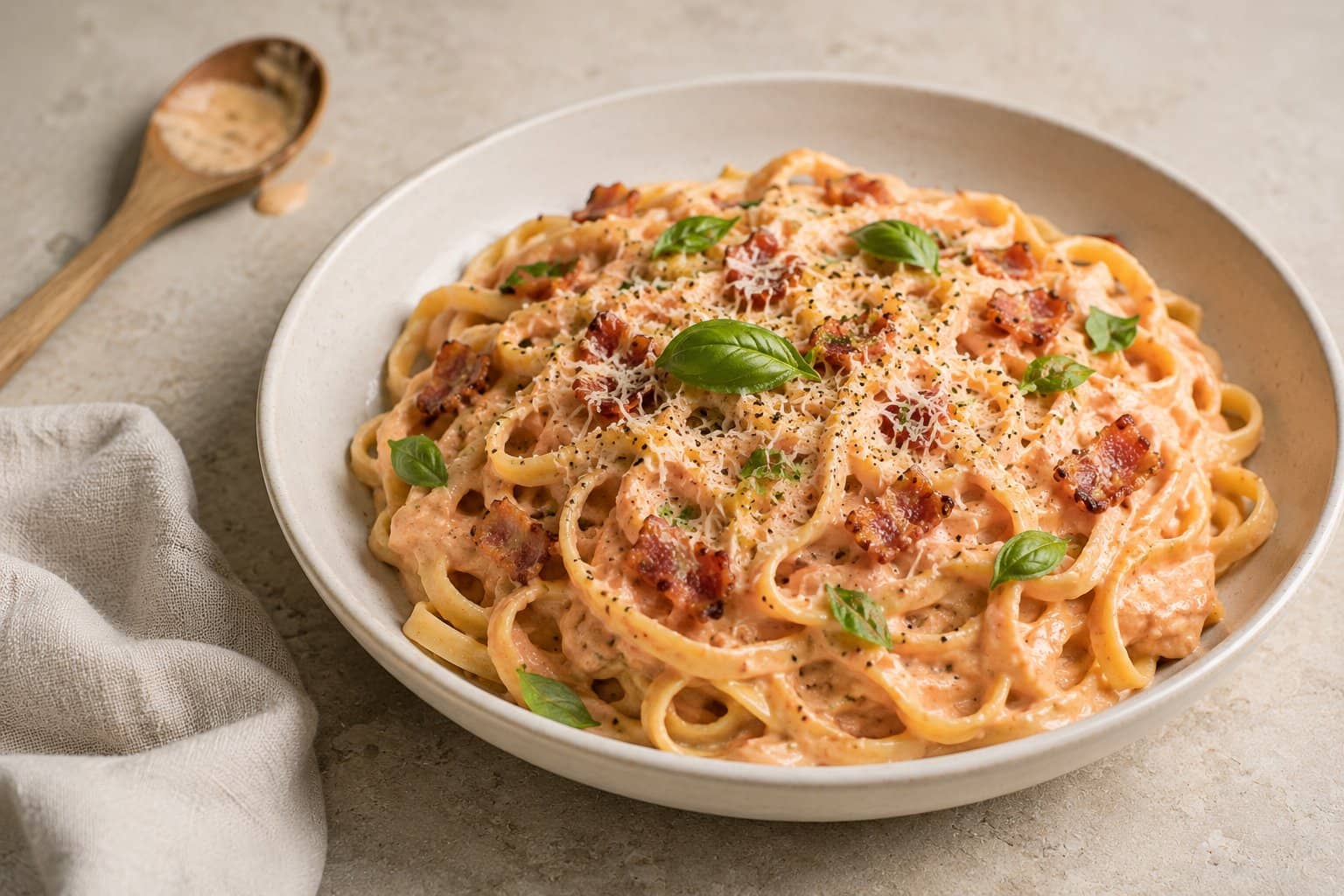Skål med pasta i lyserød cremet bacon-sauce toppet med parmesan