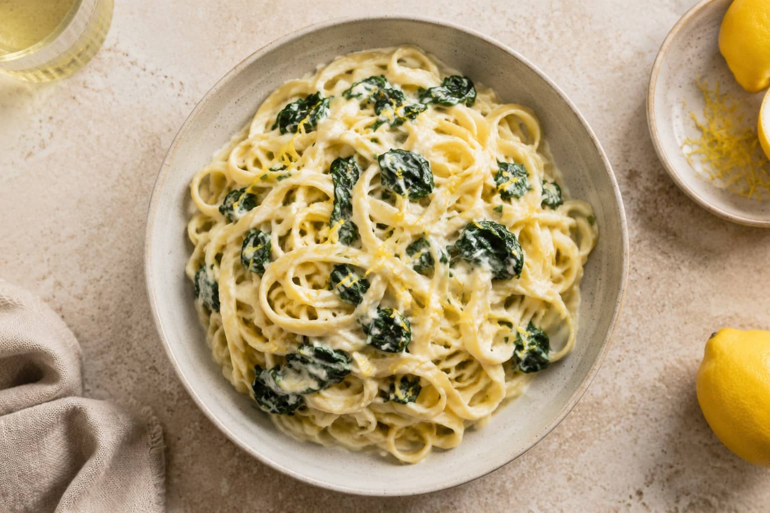 Cremet pasta med mascarpone, spinat, citron og parmesan