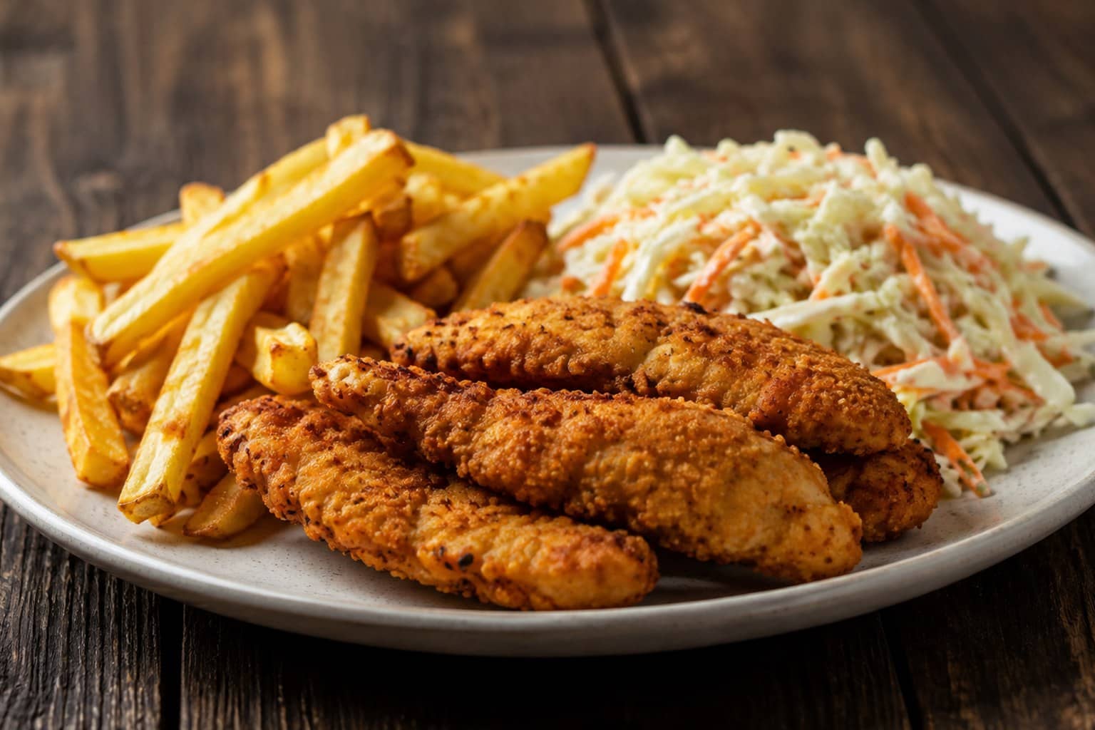 Sprød paneret crispy chicken med gyldne ovnpommes og cremet coleslaw anrettet på en træbræt