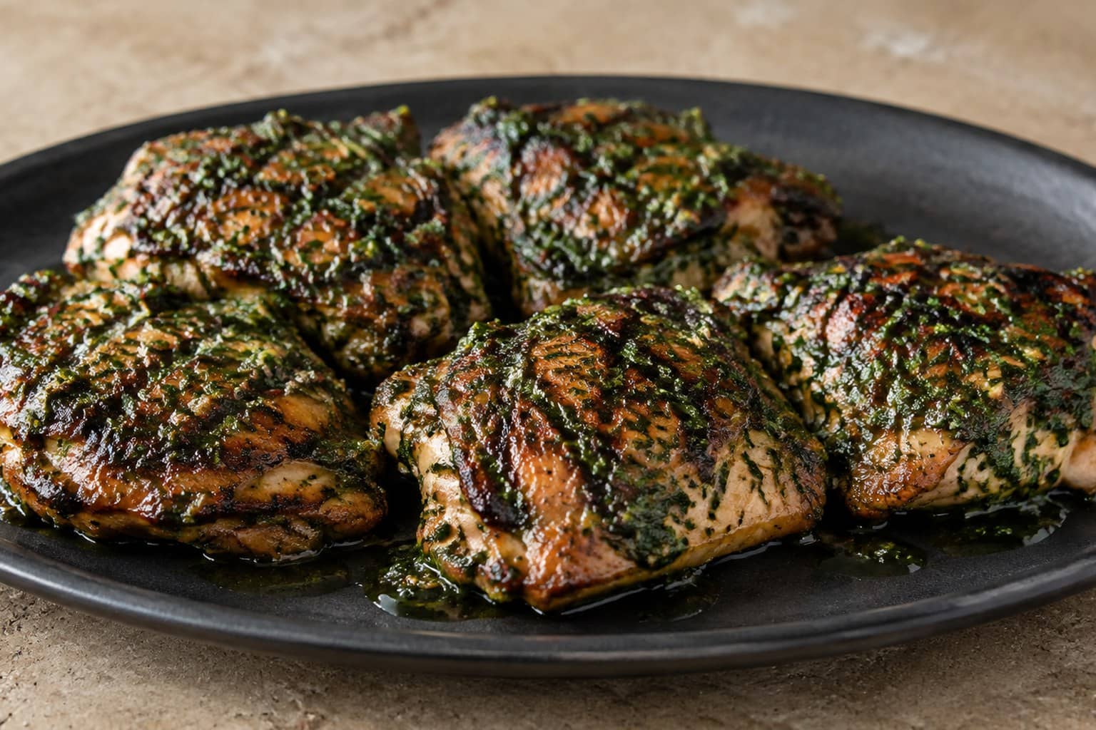 Grillede kyllingelår med frisk grøn chimichurri sauce på skærebræt