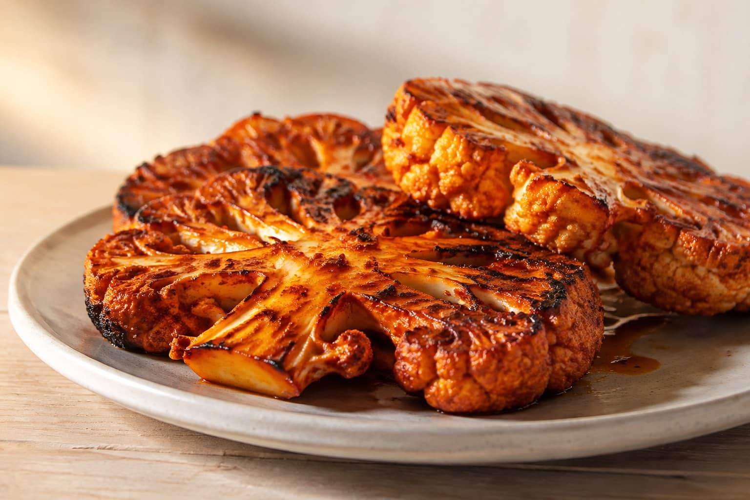 Grillet blomkålsbøf med rød harissamarinade og kold tahindressing på en sort tallerken