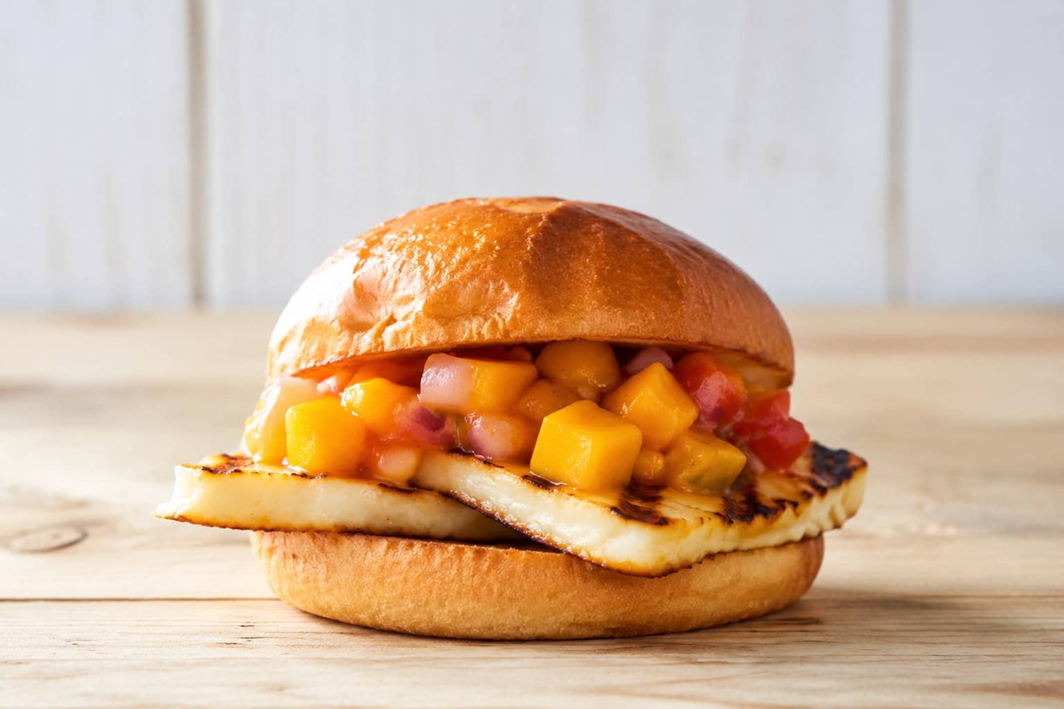 Grillet halloumi burger med orange mangosalsa og frisk koriander i ristet briochebolle