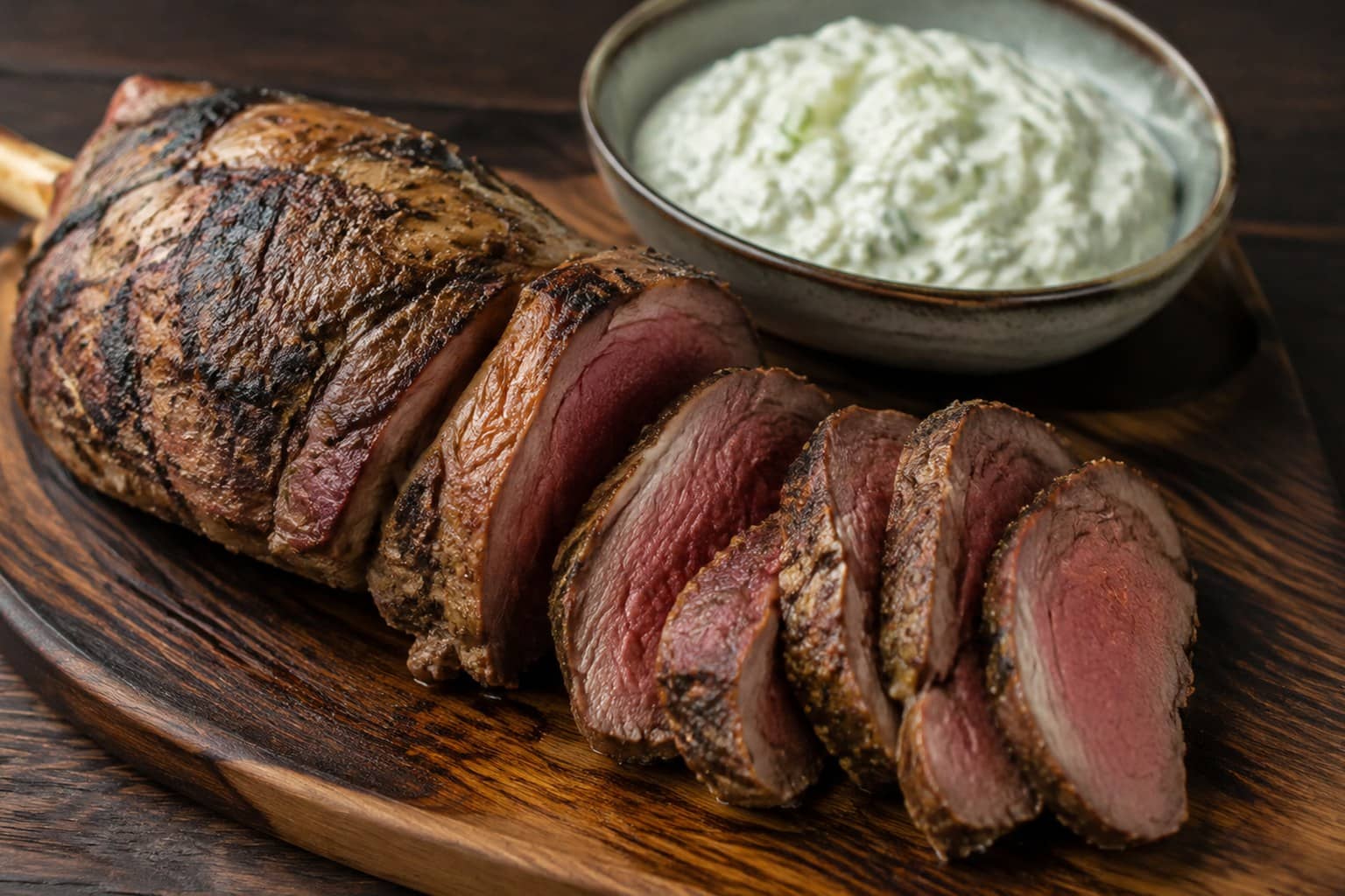 Skåret grillet lammekølle med tzatziki og friske urter på serveringsbræt