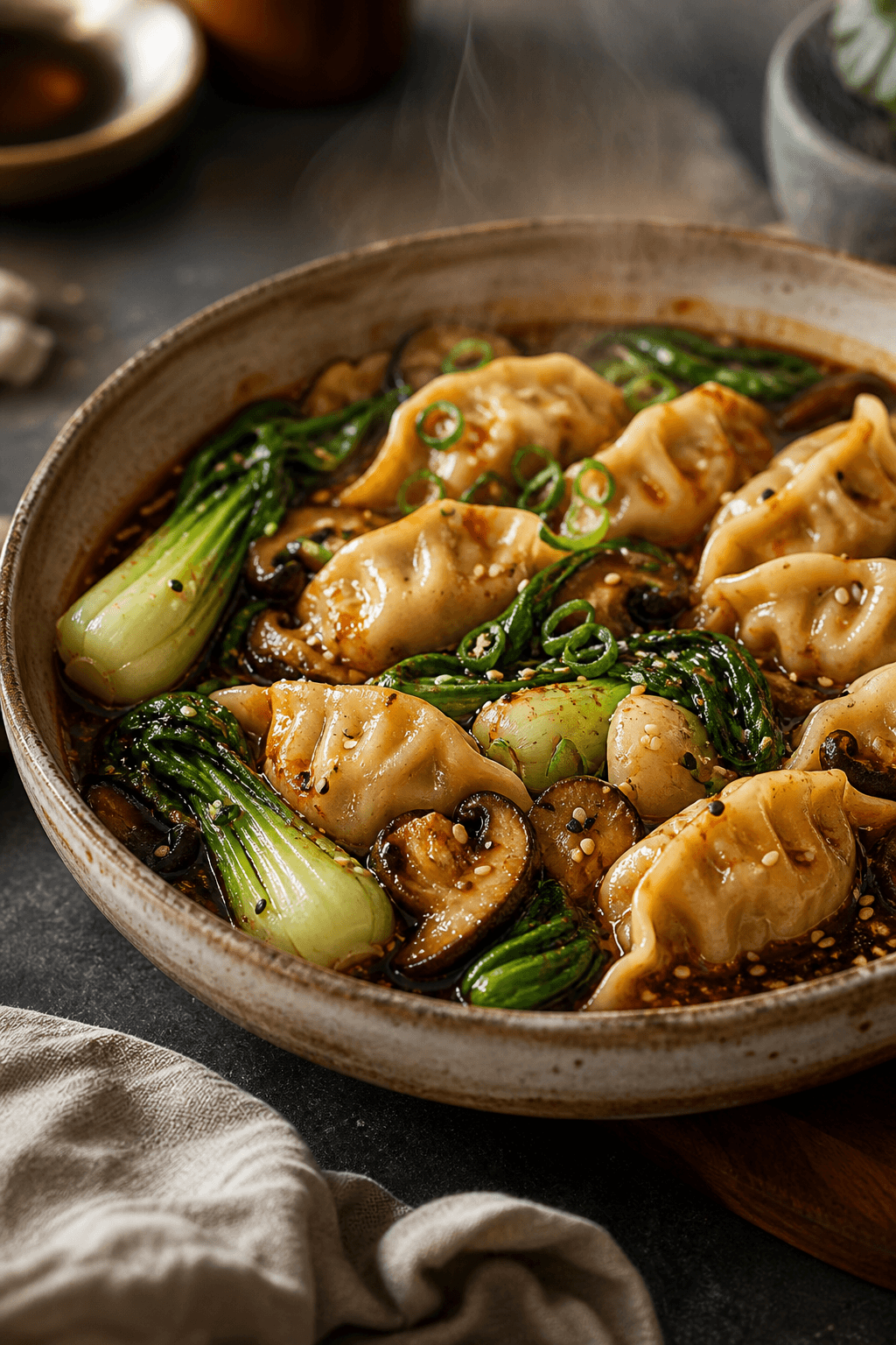 Gyoza-inspireret fadret med kål, oksekød og sesam