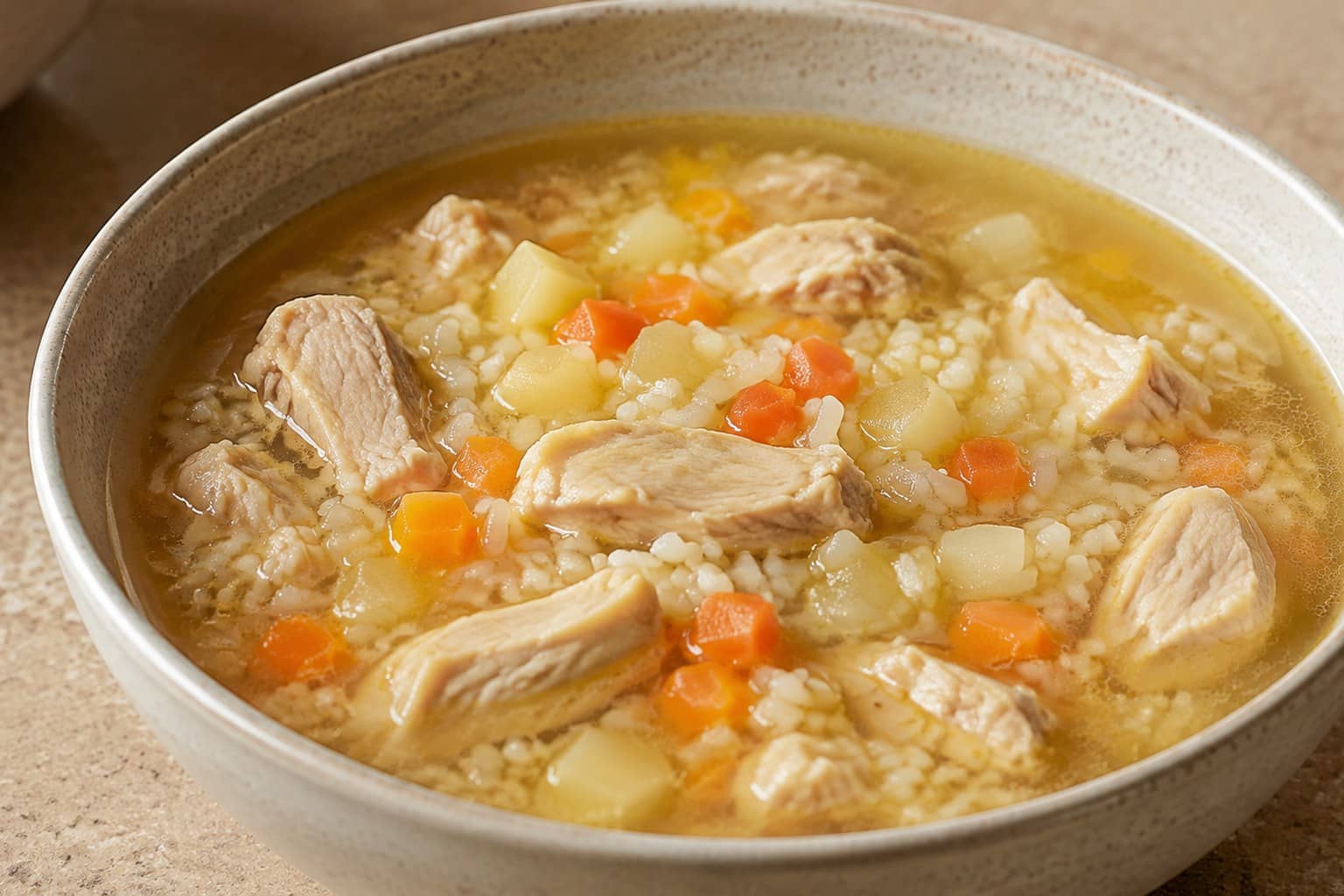 Skål med hønsekødssuppe med kyllingekød, gulerødder og ris