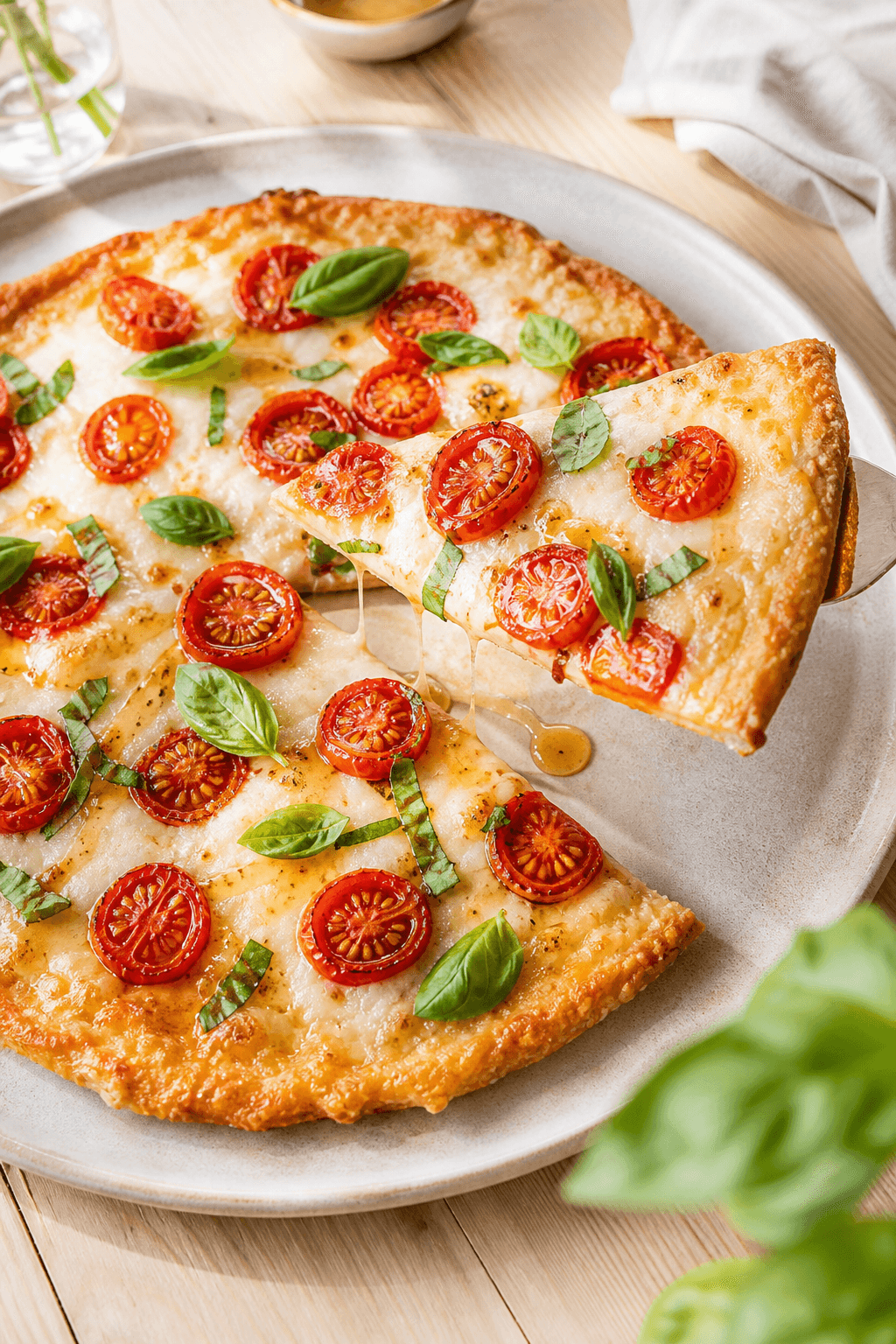 Sprød hytteostpizza med mozzarella og hot honey