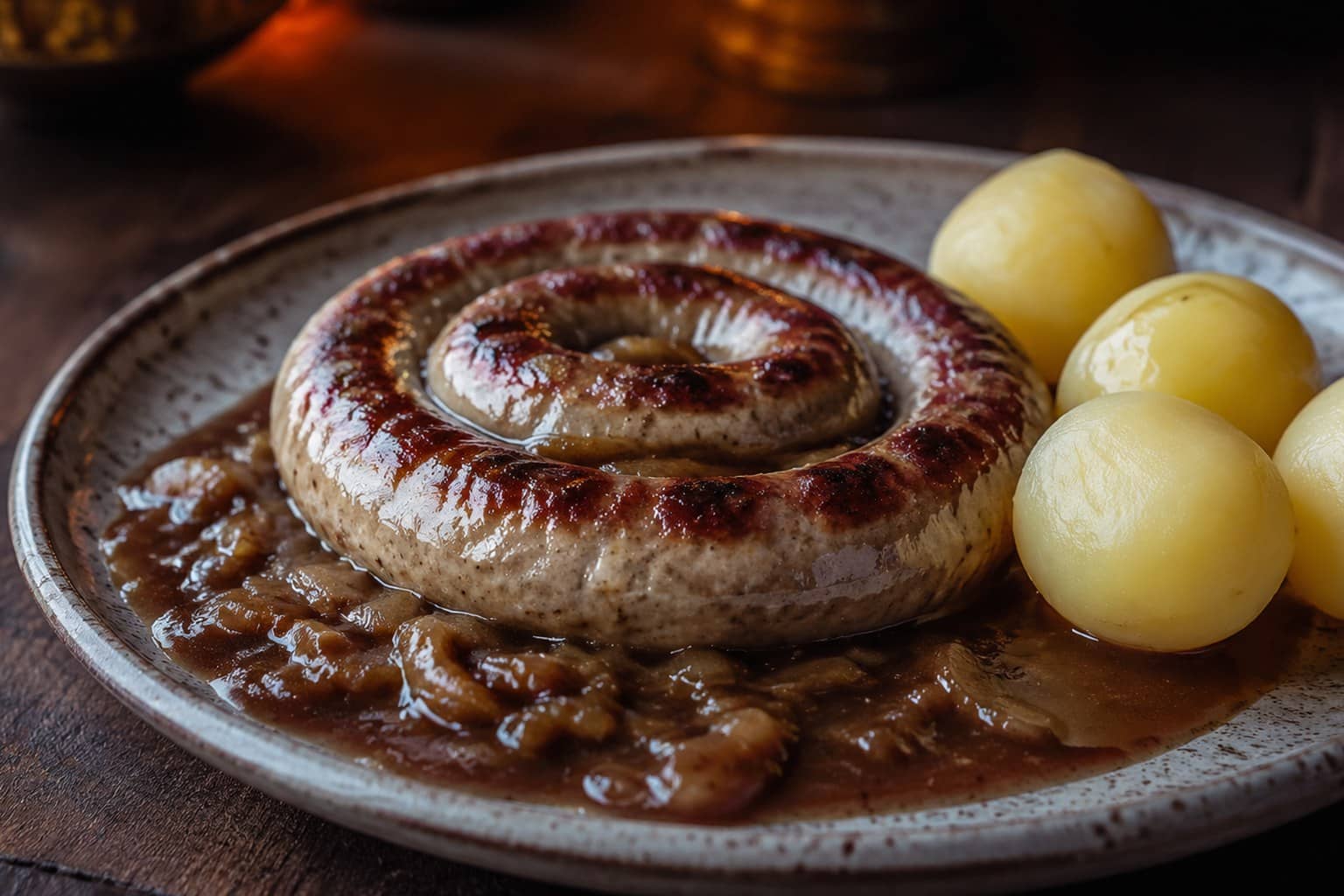Sprødstegt medisterpølse med brun løgsovs og rødkål