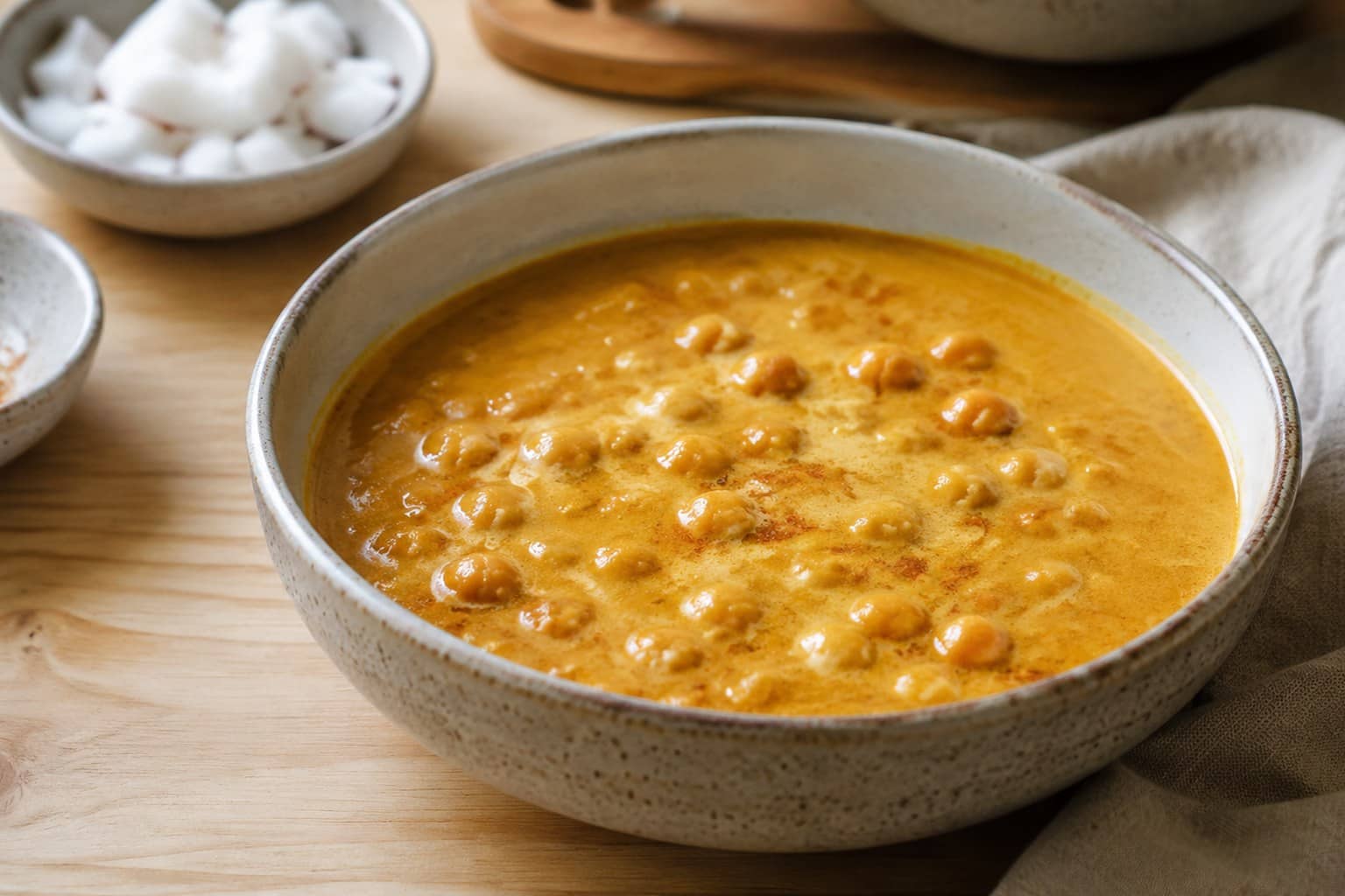 Gylden karrysuppe med kikærter, tern af sød kartoffel og spinat, toppet med frisk koriander og limebåde
