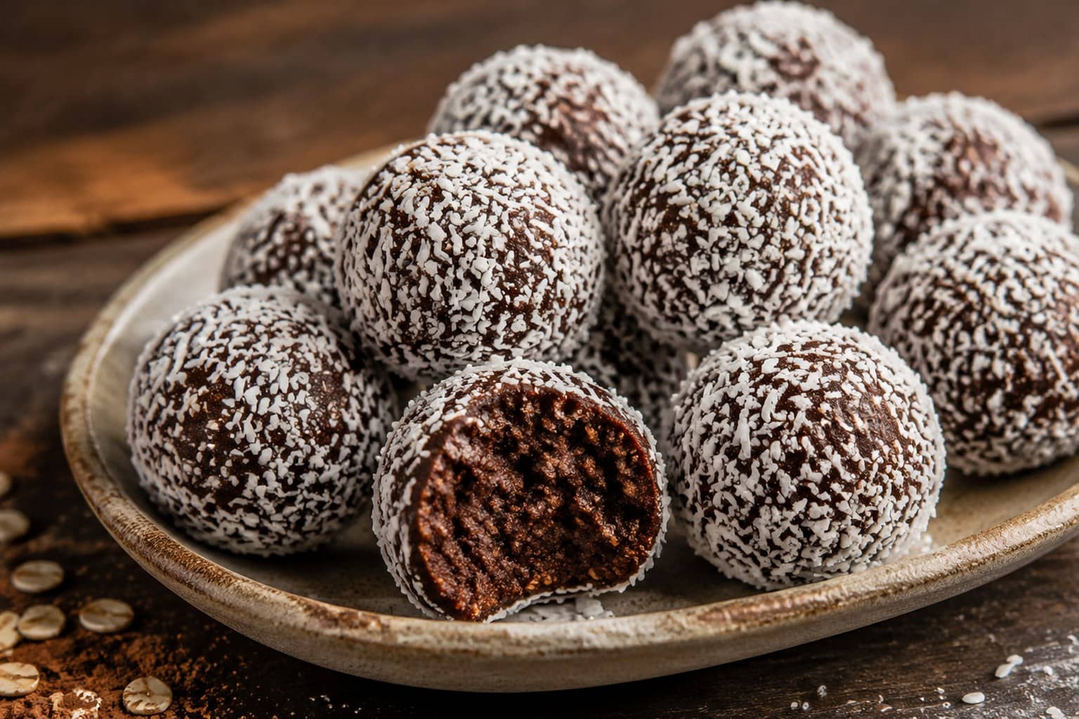 Chokoladekugler rullet i kokosmel på et fad
