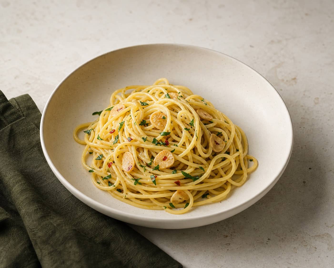 Spaghetti Aglio e Olio med gyldent hvidløg, chili og persille