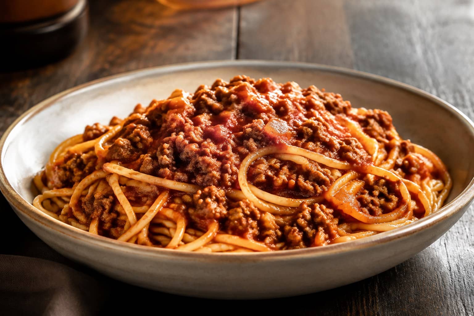 Dyb tallerken med spaghetti og simret kødsovs toppet med revet parmesan