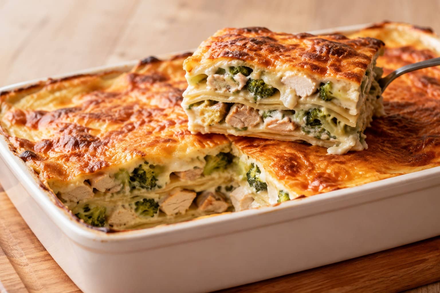 Ovnfast fad med kyllingelasagne med broccoli og gylden ostetop