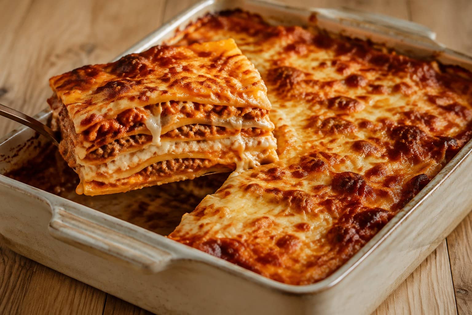 Skive hjemmelavet lasagne med gyldent ostelag, bolognese og béchamelsauce i et ildfast fad