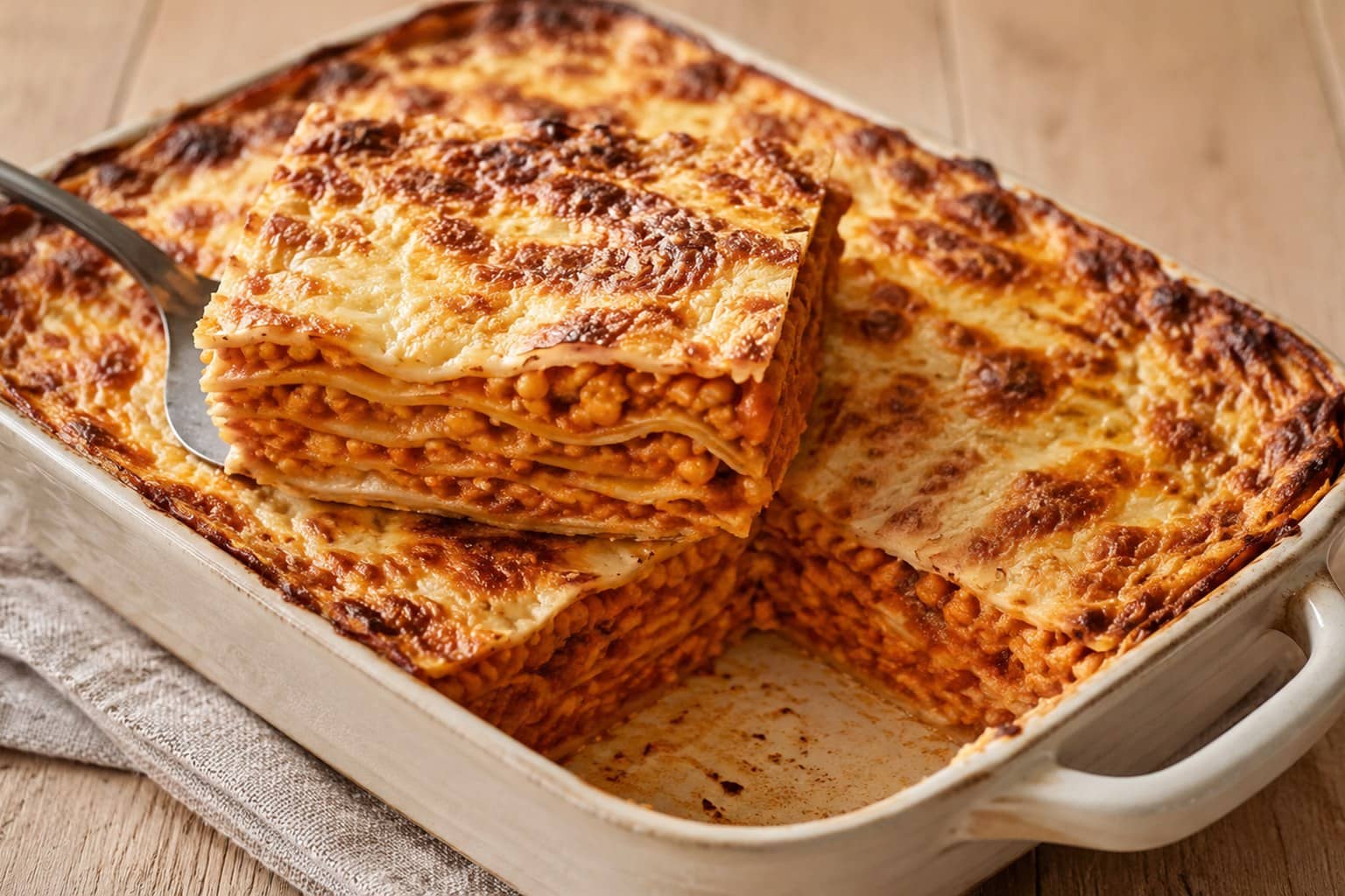 Et stykke lasagne med lag af rød linsesauce og bechamel, gratineret gylden ost på toppen, serveret på en tallerken