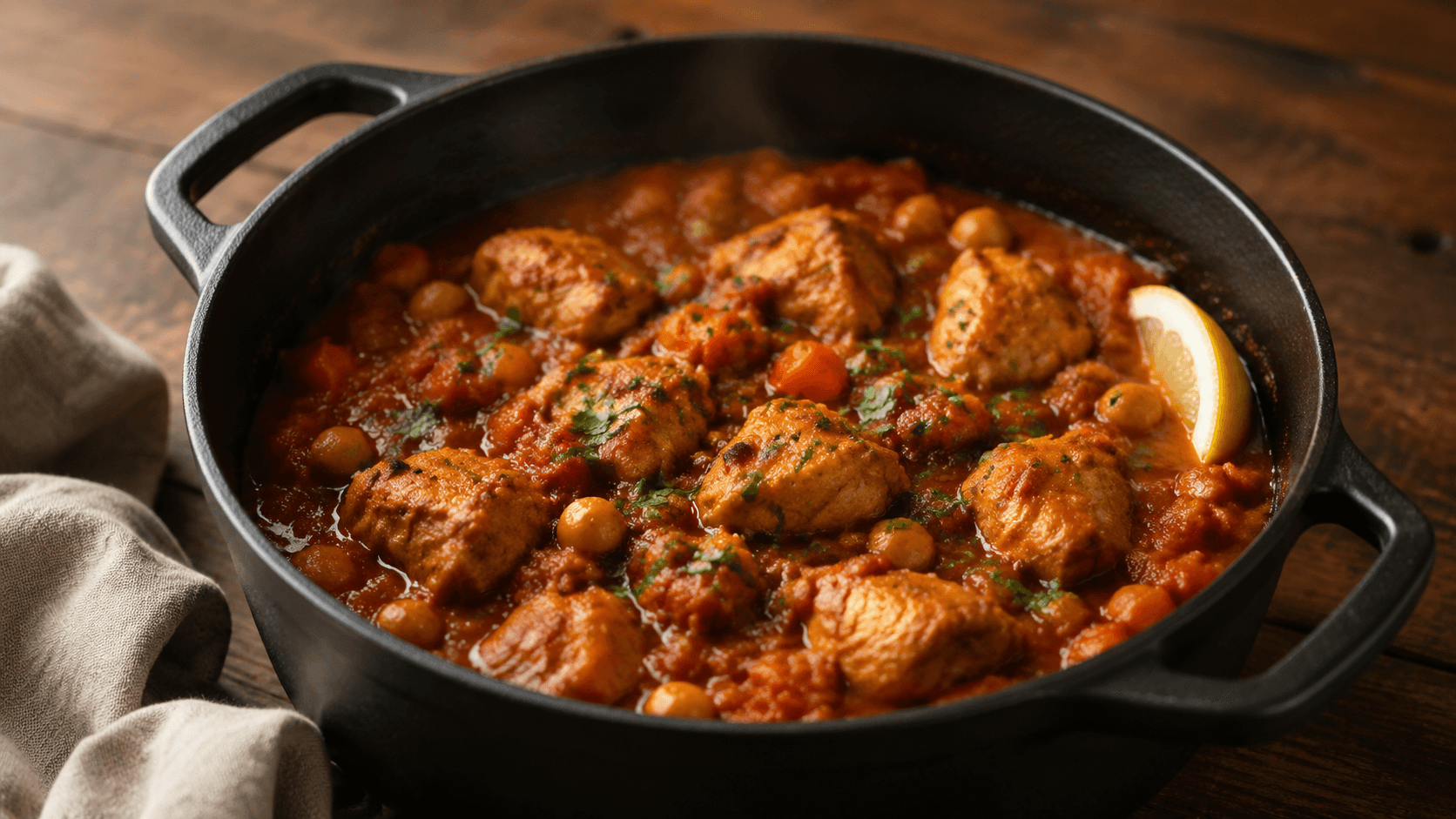Marokkansk kyllingegryde med kikærter og gulerødder i tomatsauce, drysset med frisk koriander
