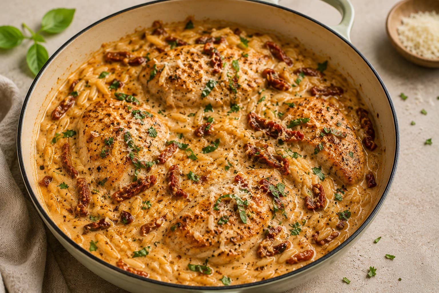 Brunede kyllingefileter i cremet sauce med soltørrede tomater og orzo, toppet med parmesan og frisk basilikum