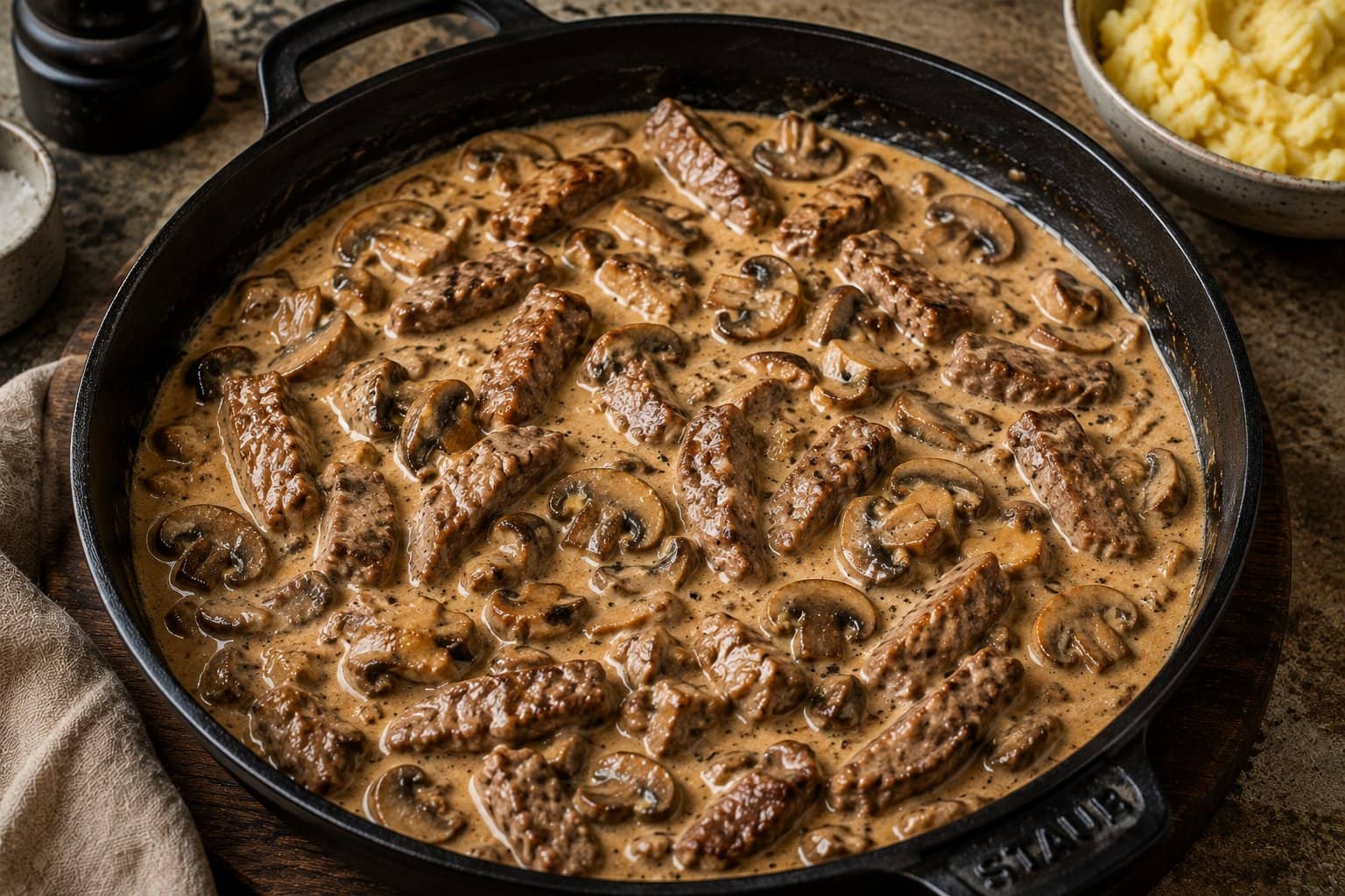 Gryde med mørbradmedaljoner, champignon og bacon i cremet flødesovs drysset med persille