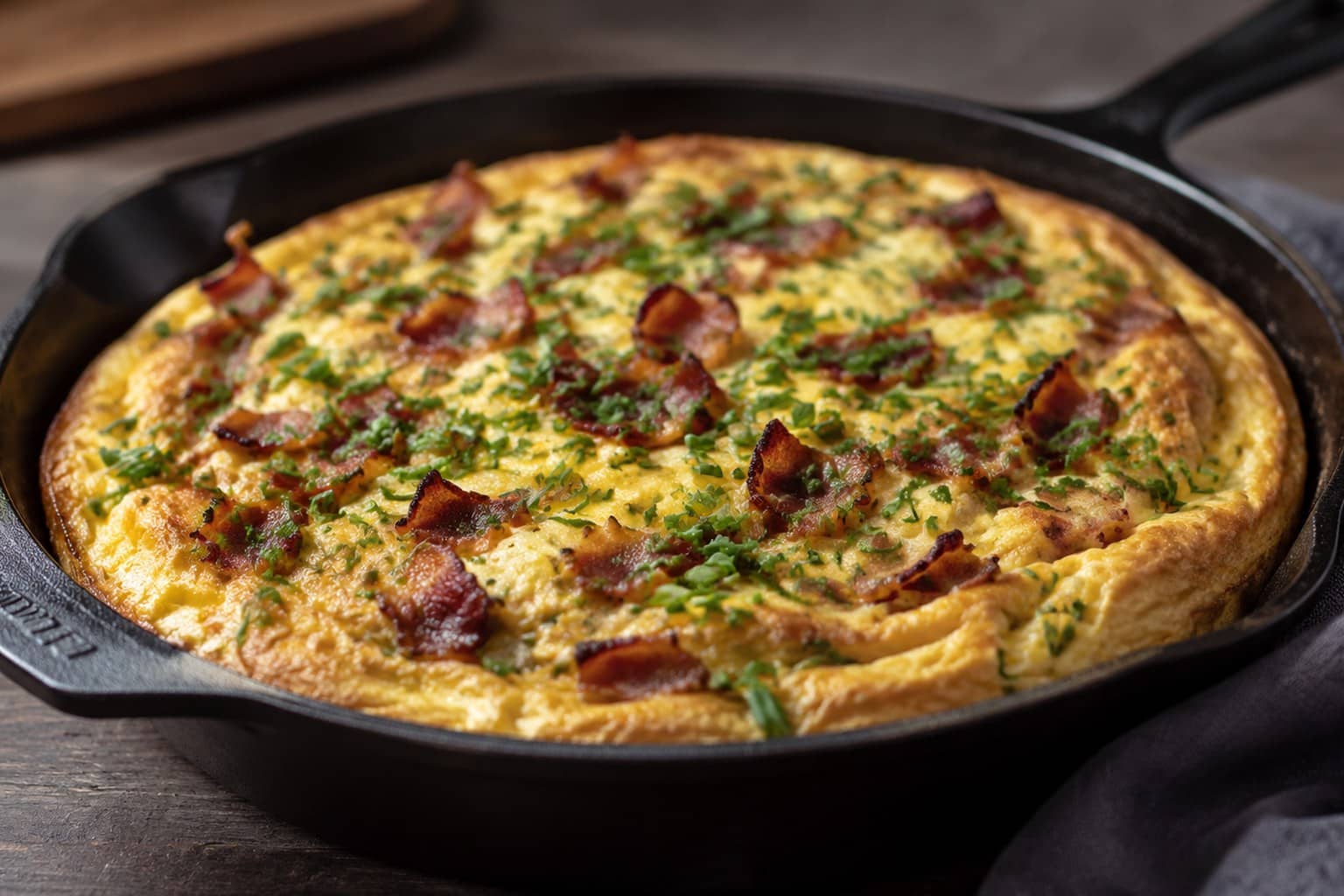 Gyldent, luftigt bagt æggekage i fad, toppet med sprøde baconskiver, tomatbåde og friskklippet purløg