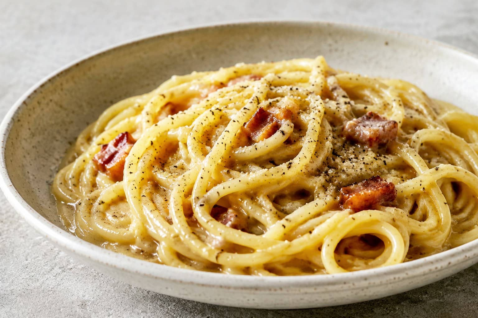 Pasta carbonara med gylden guanciale, sort peber og friskrevet pecorino i hvid skål