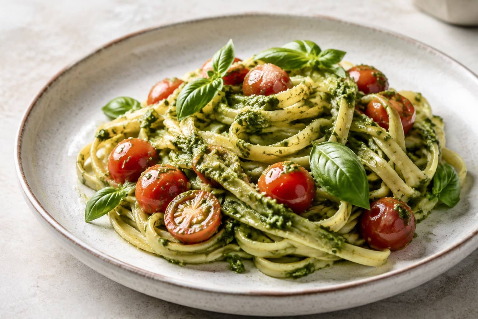 Pasta med grøn basilikumpesto, cherrytomater og parmesan