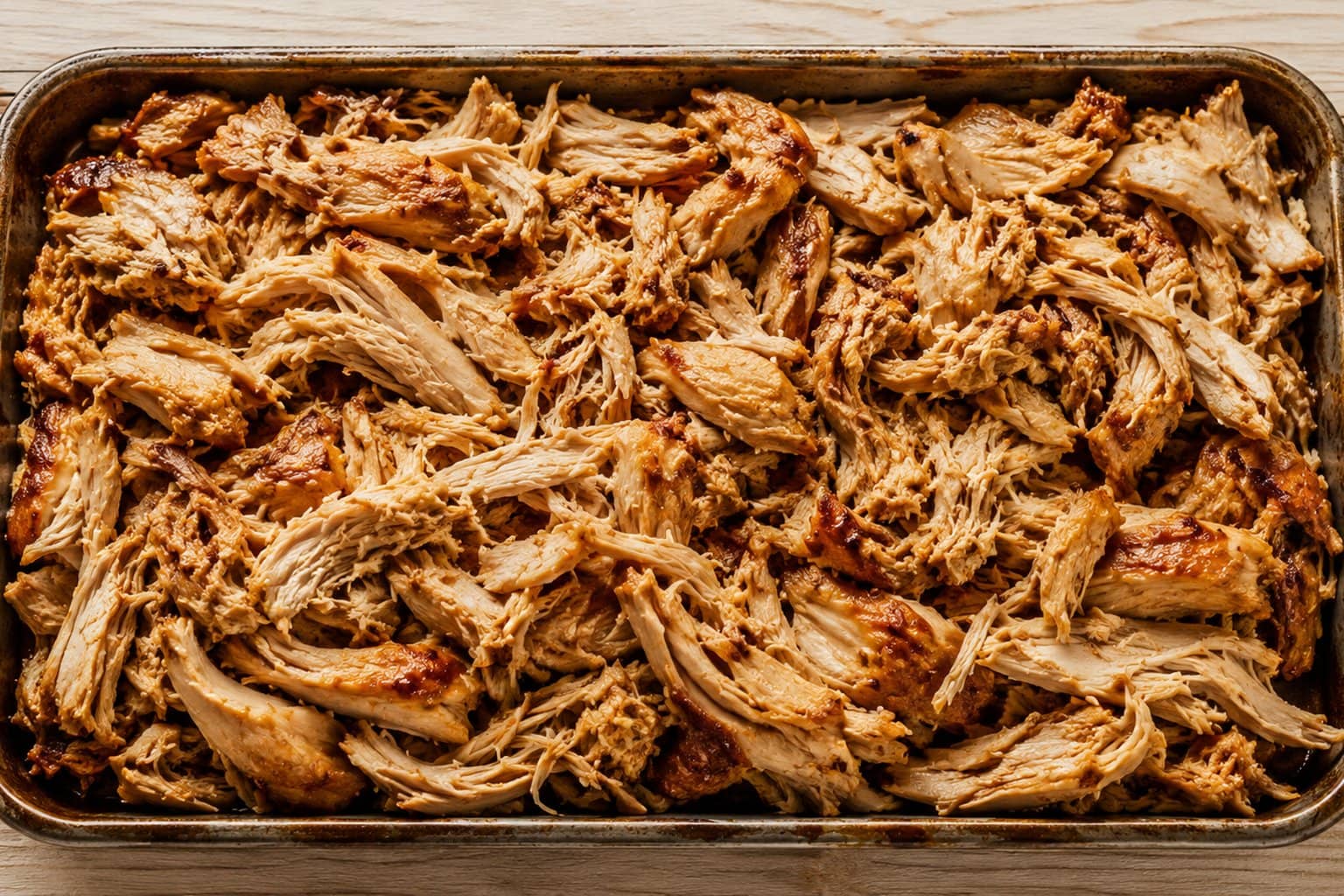 Saftig pulled chicken serveret på bordbuffet med brød og coleslaw