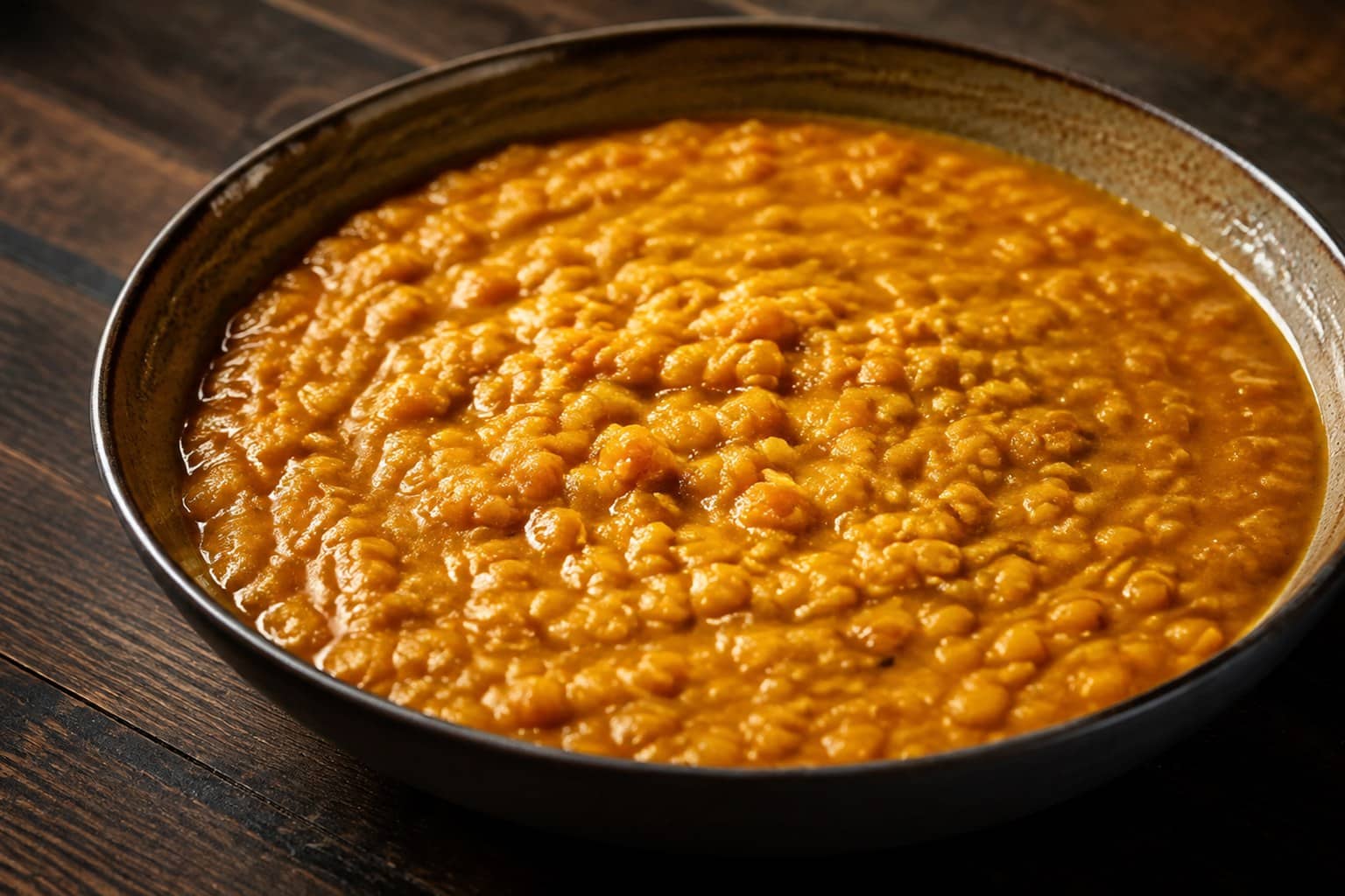 Gryde med cremet gylden rød linse-dhal med kokosmælk, toppet med frisk koriander og en skive citron