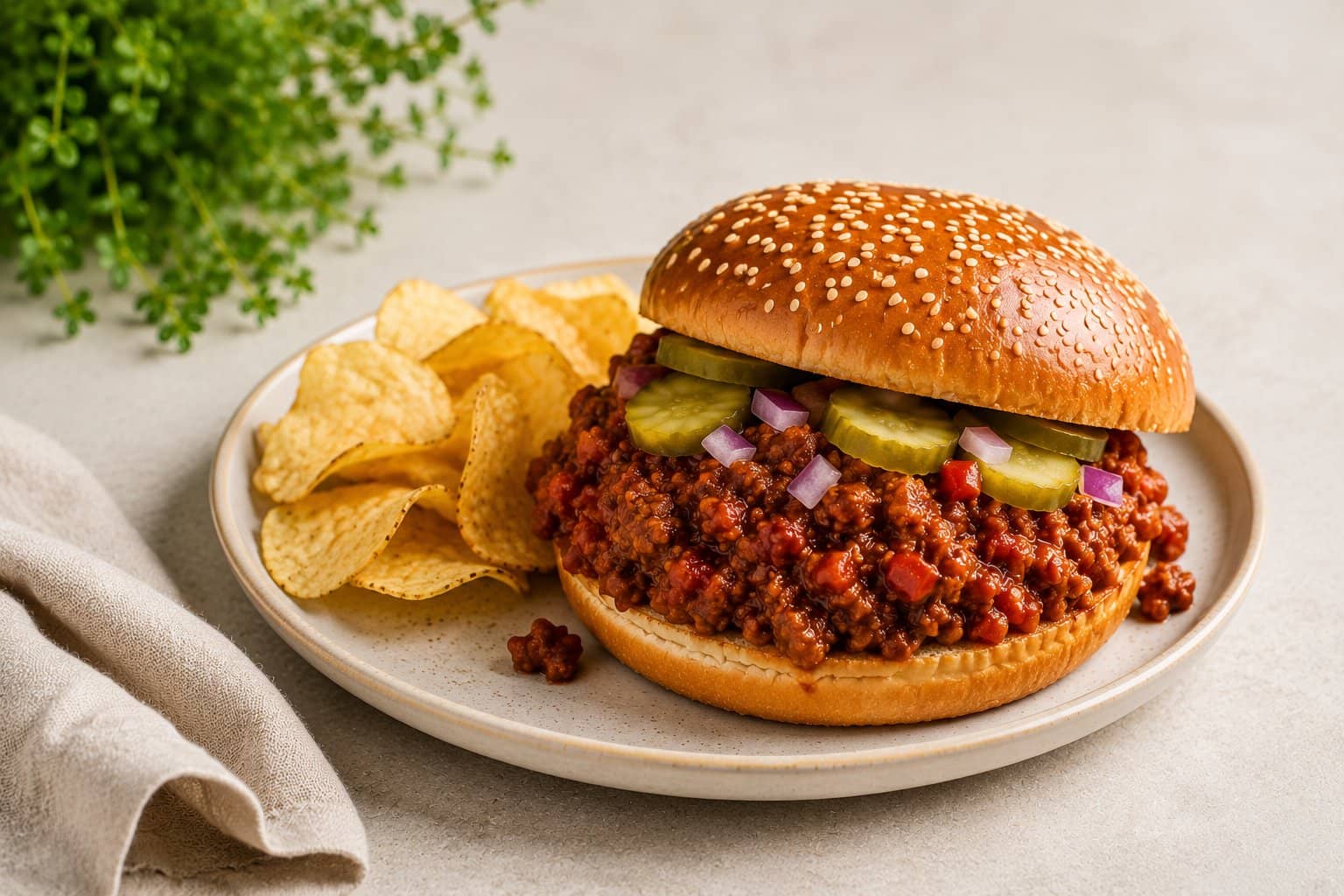 Burgerbolle fyldt med sloppy joe kødsauce