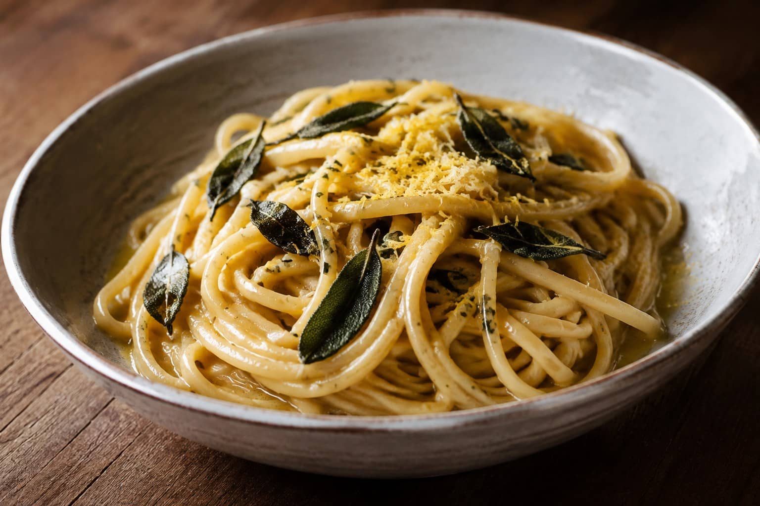 Bred pasta med brunet smør, sprød salvie, citron og parmesan