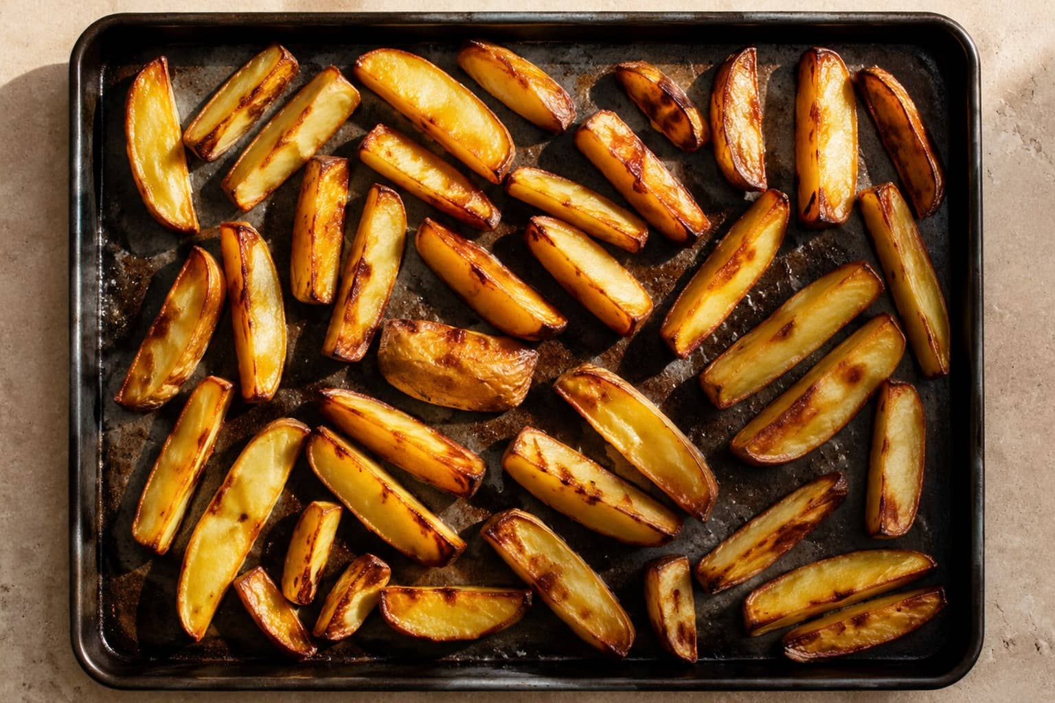 Gyldne, sprøde ovnbagte pommes frites drysset med flagesalt på bagepapir