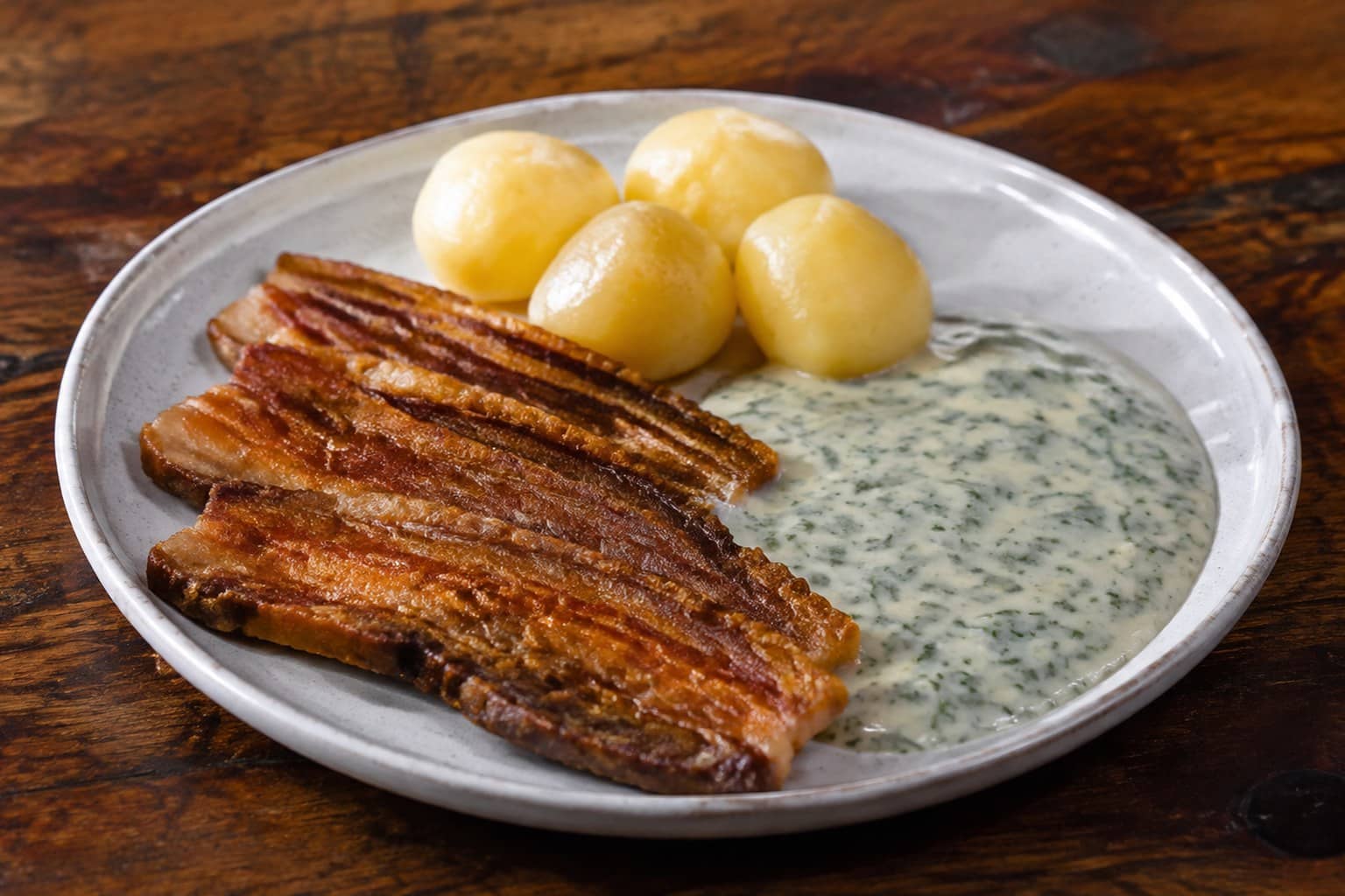 Sprødstegt flæsk med kogte kartofler og persillesovs på en tallerken