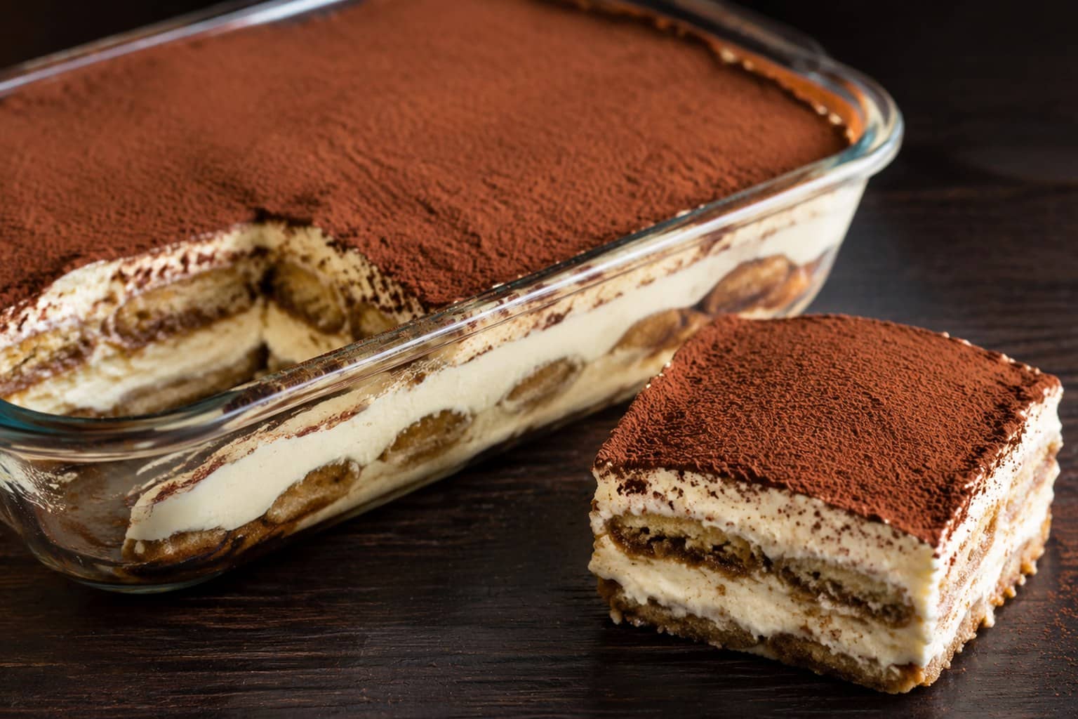 Klassisk tiramisu i glasfad med kakaopudret lag og synlig mascarpone-creme og ladyfingers