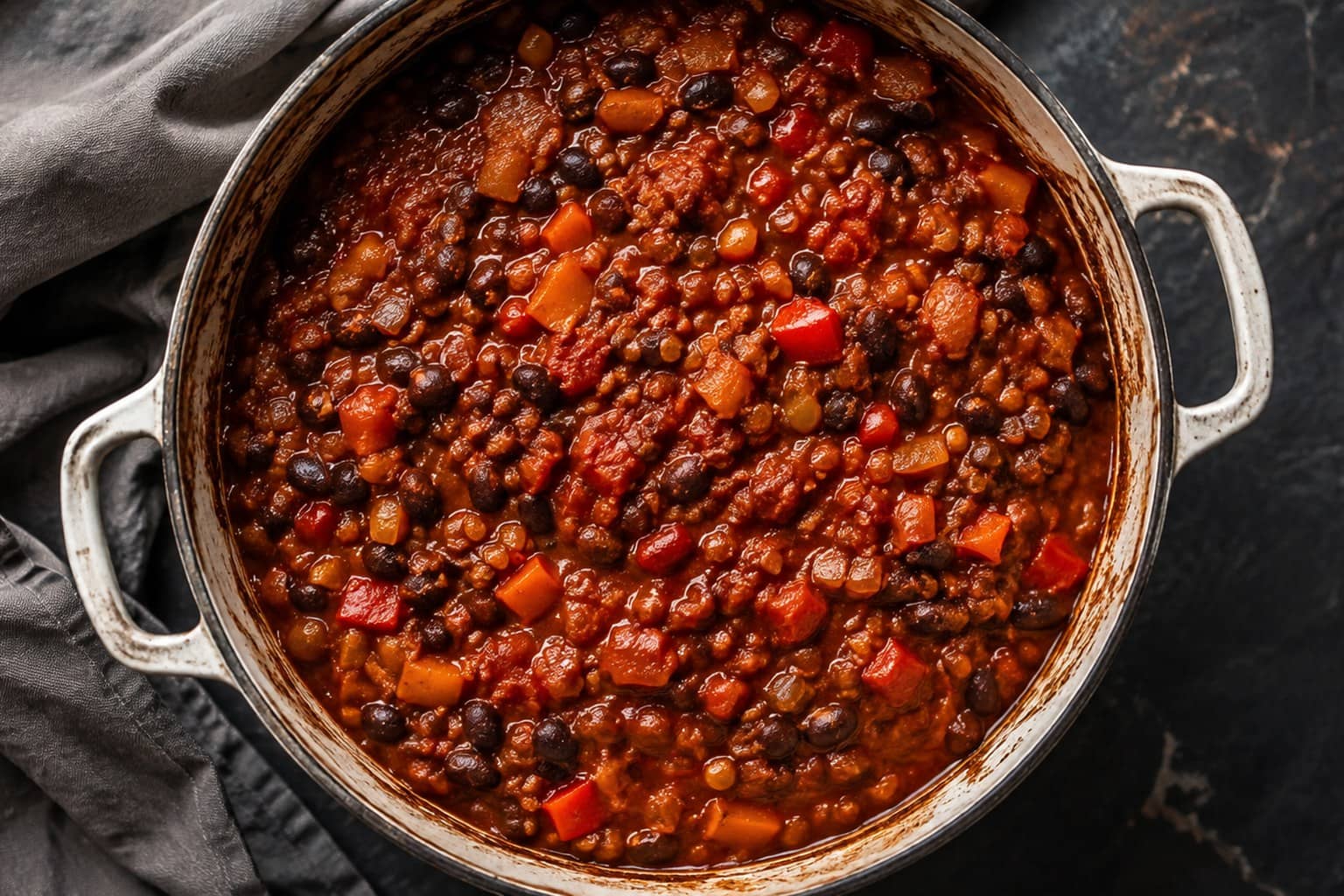 Gryde med vegansk chili med sorte bønner og linser