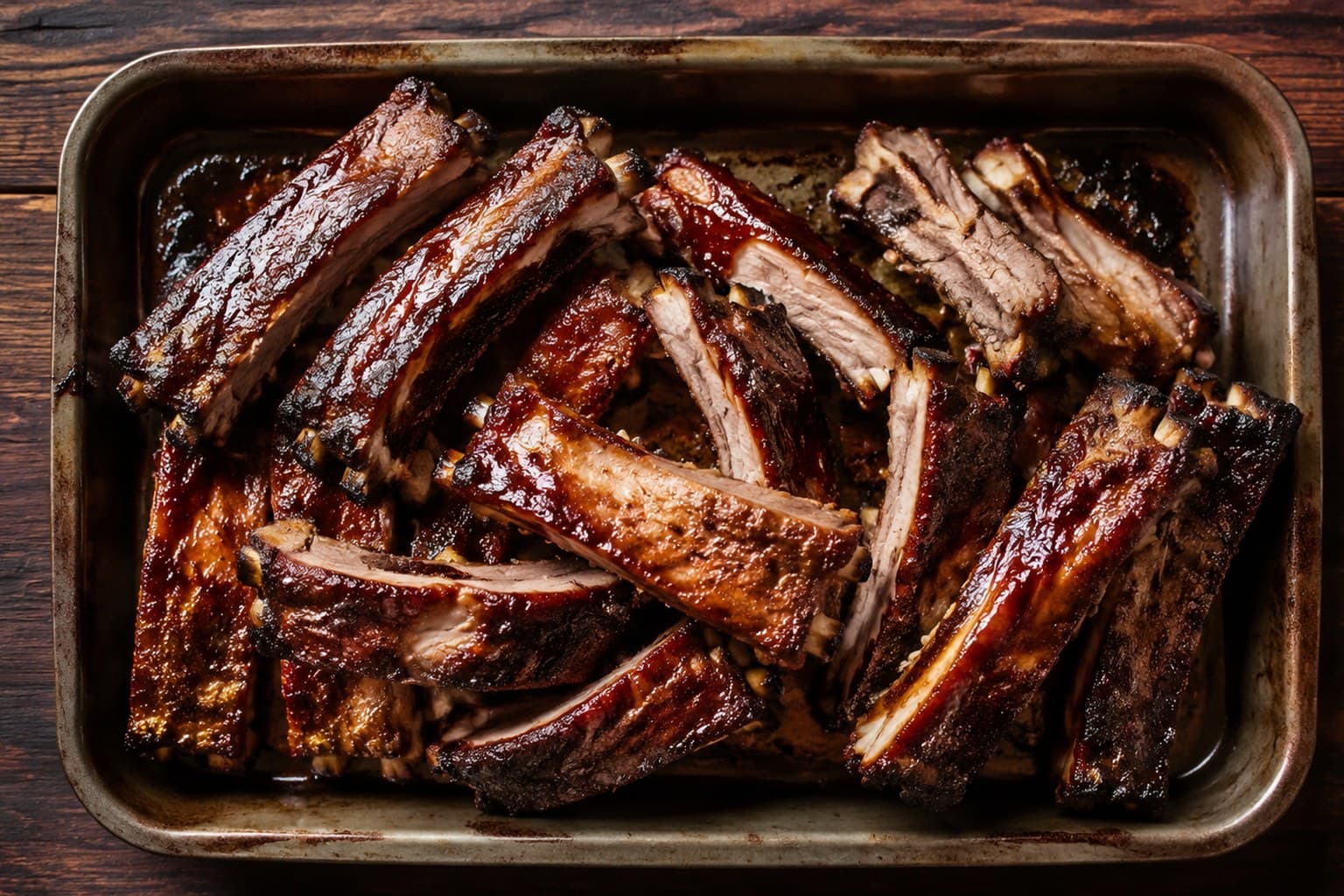 Karamelliserede BBQ spareribs skåret i stykker på en træskærebræt
