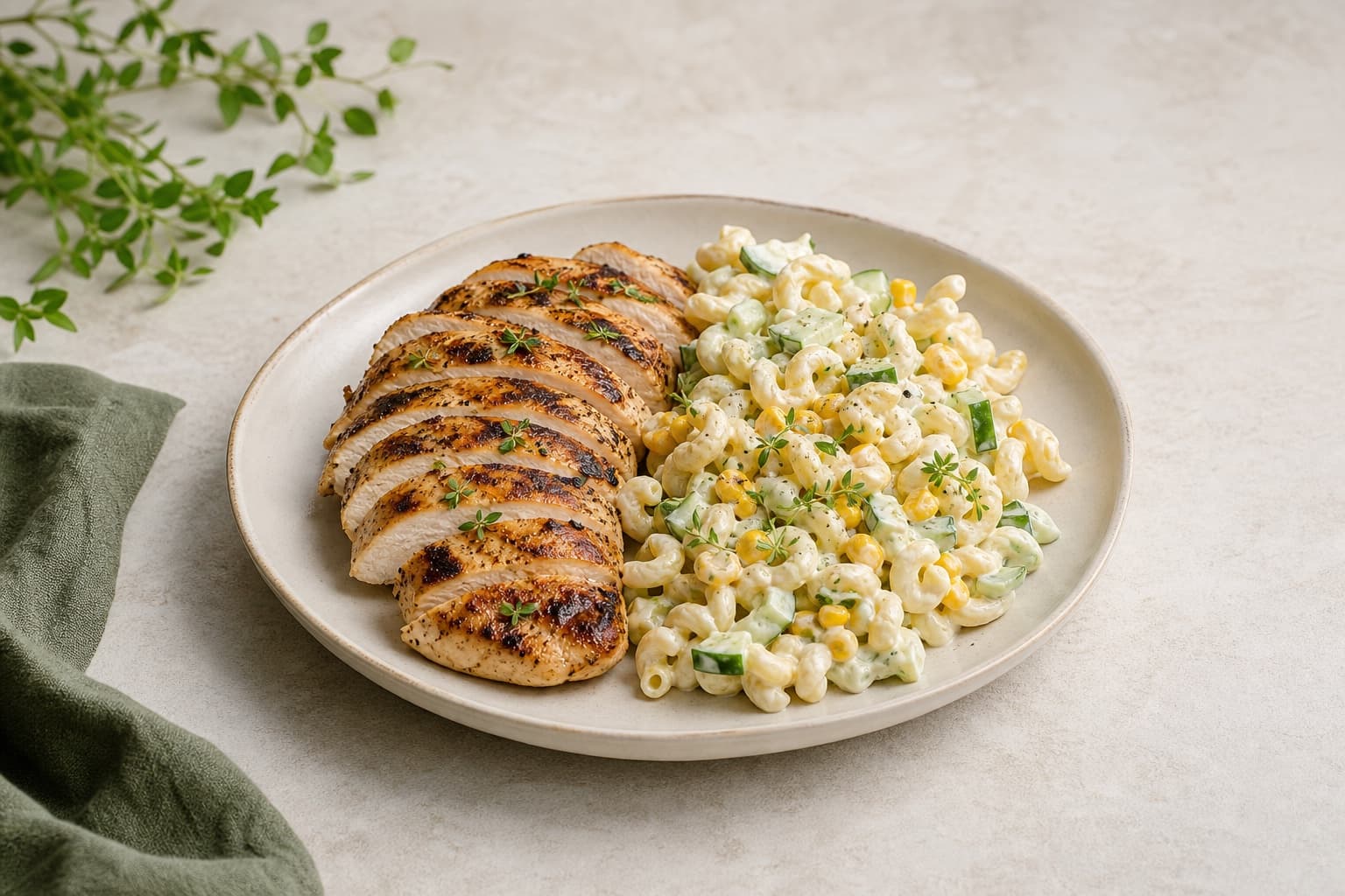 Grillet kyllingebryst med cremet pastasalat, majs og agurk