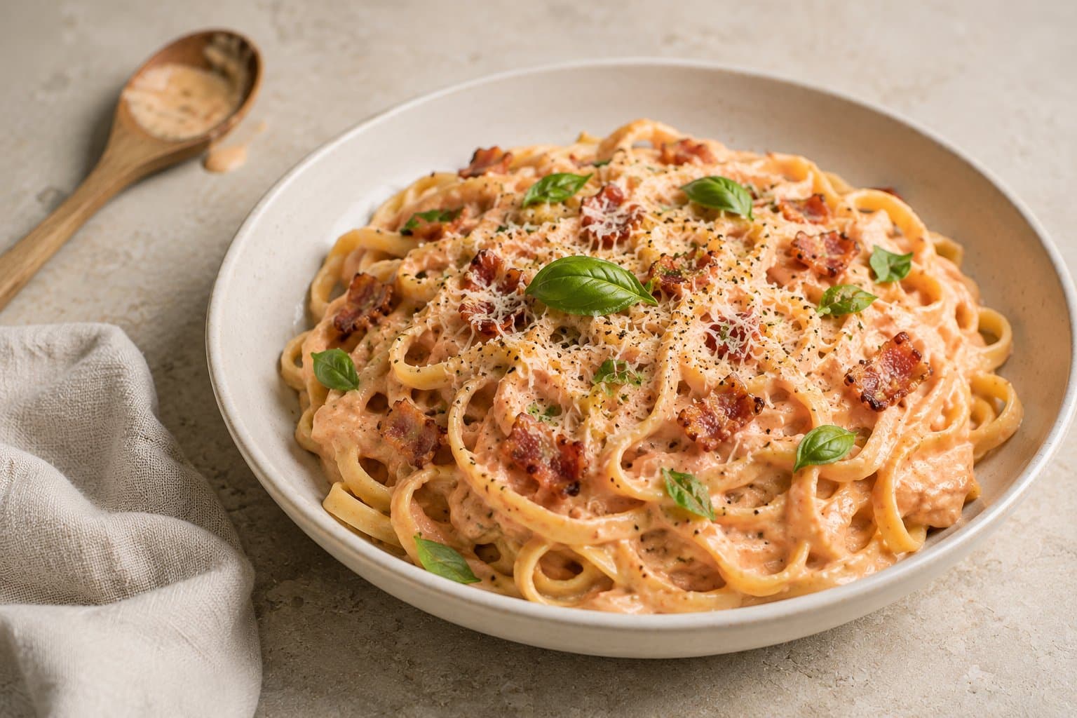 Skål med pasta i lyserød cremet bacon-sauce toppet med parmesan