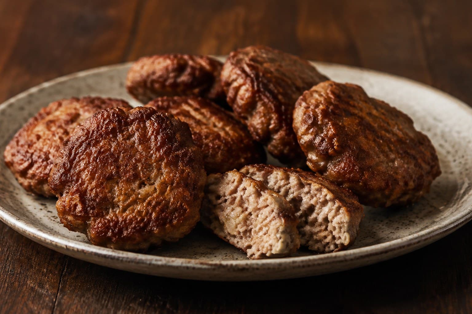 Gyldne hjemmelavede frikadeller på en sort støbejernspande med smør