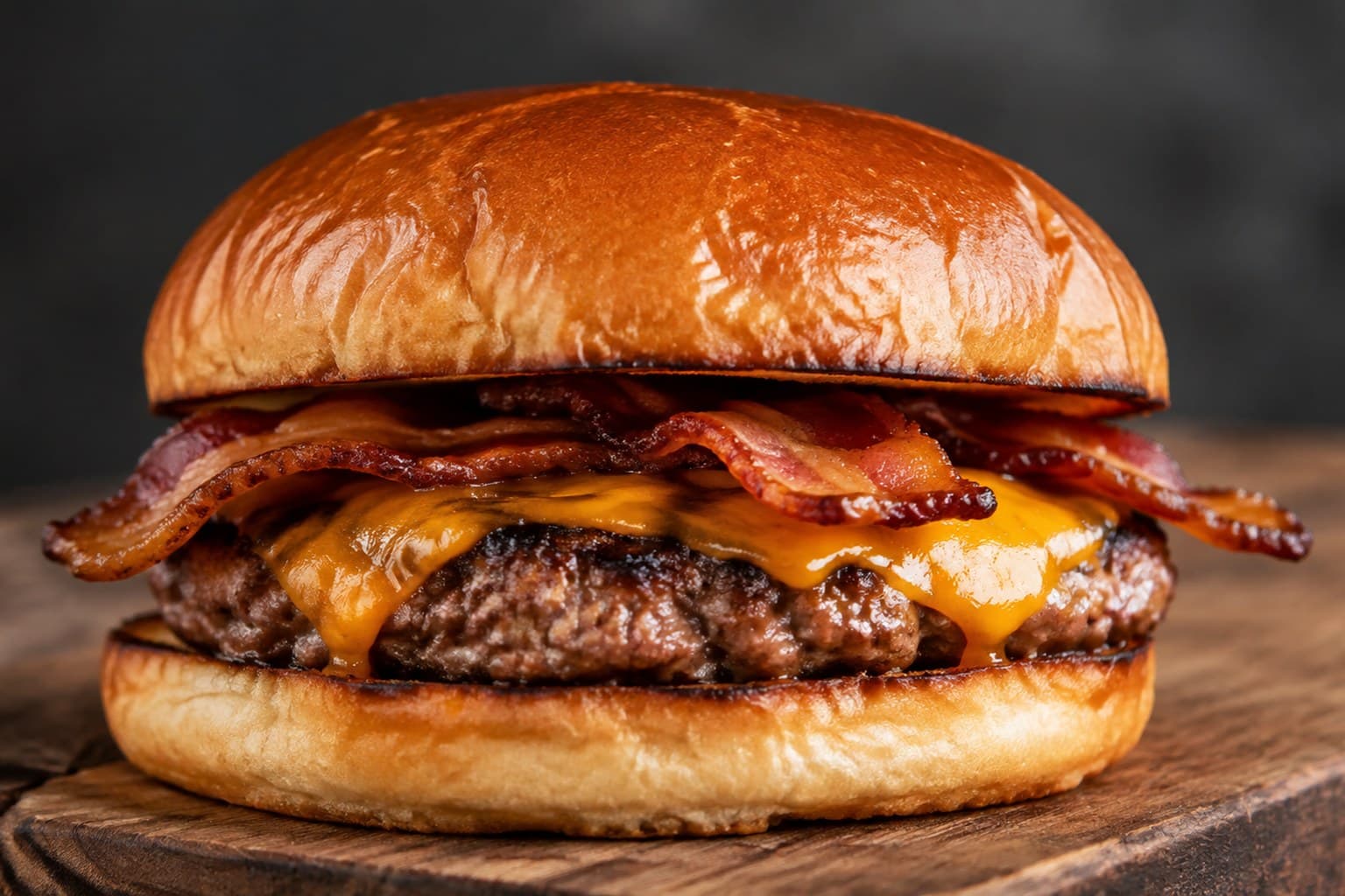 Grillet burger med smeltet cheddar, bacon, tomat og rødløg i en burgerbolle