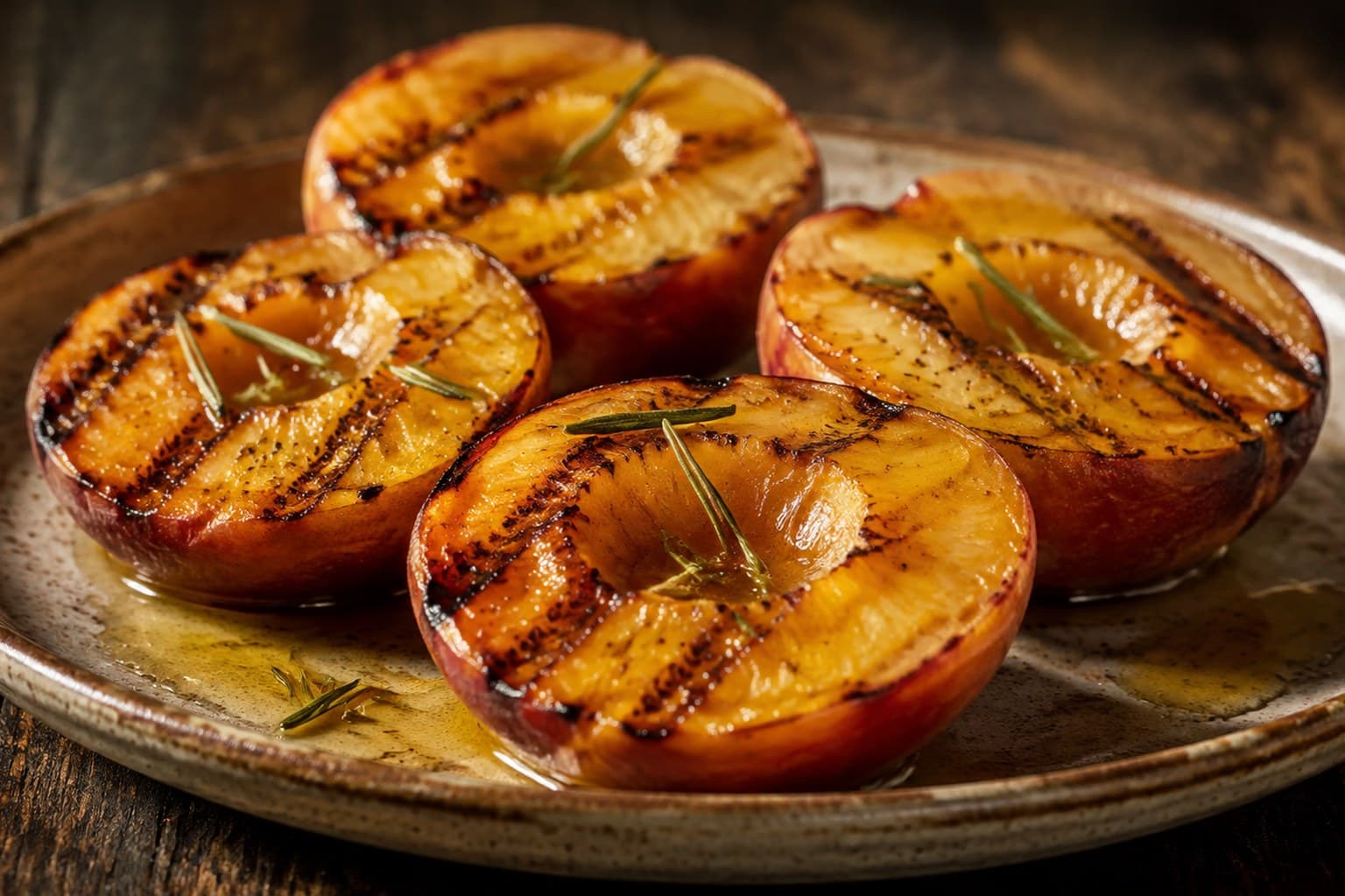 Grillede Ferskner med Honning, Rosmarin og Yoghurt anrettet og klar til servering