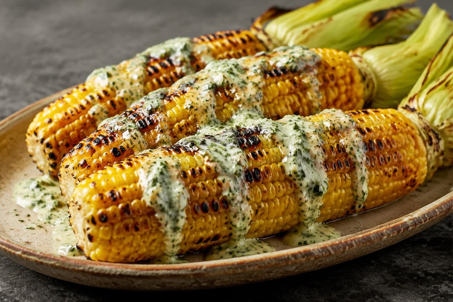Grillede majskolber med smørret urtecreme og revet parmesan på et træbræt