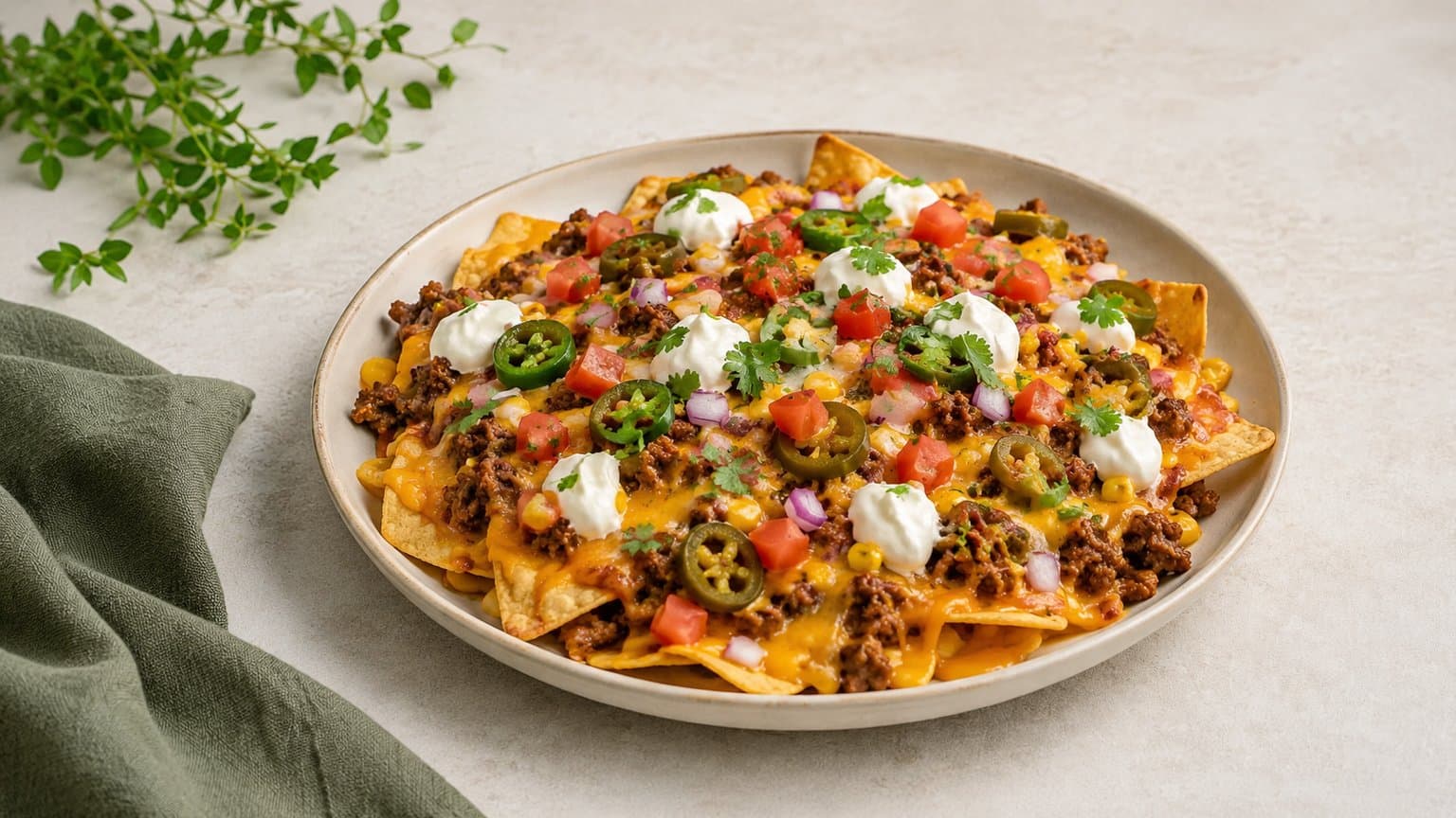 Fad med loaded nachos med smeltet ost, oksekød og tomat