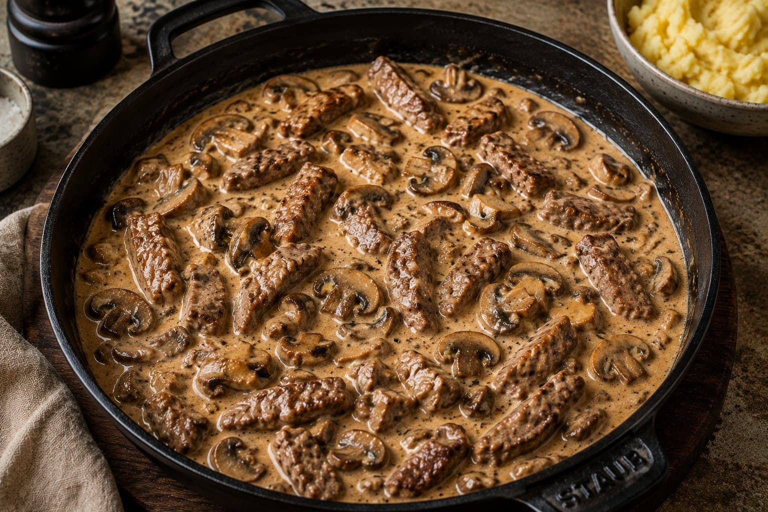 Gryde med mørbradmedaljoner, champignon og bacon i cremet flødesovs drysset med persille