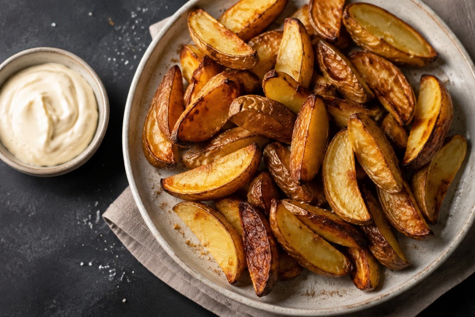 Fad med sprøde kartoffelbåde og en skål hvidløgsdip